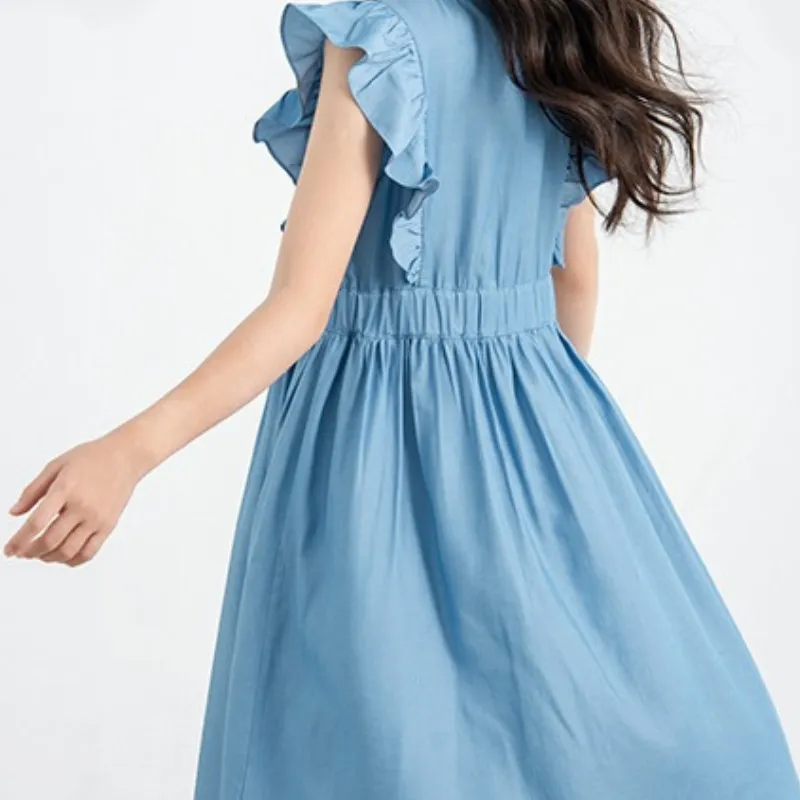 荷叶边牛仔连衣裙 Ruffle Fringe Detail Denim Dress