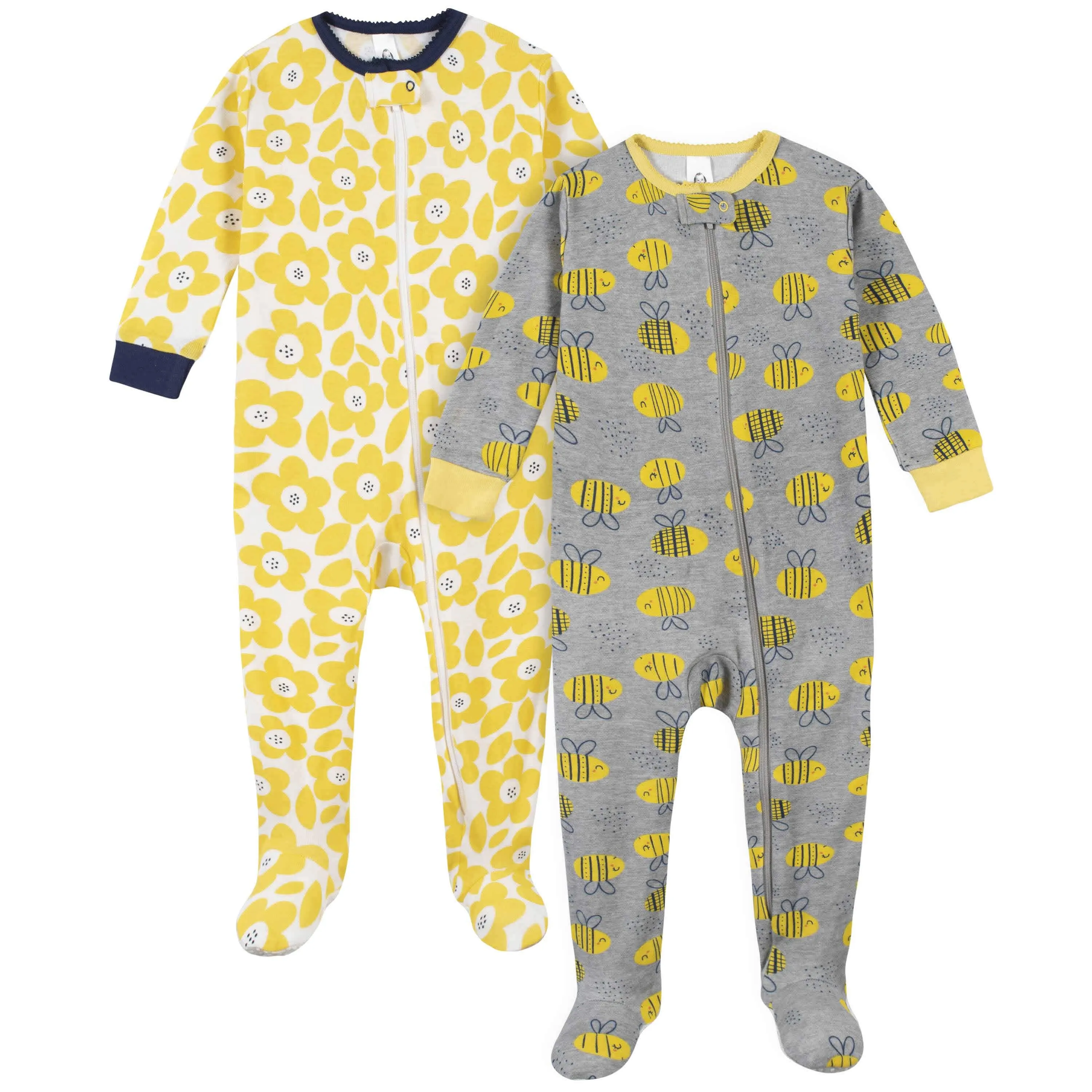 2-Pack Girls Bees Snug Fit Footed Cotton Pajamas