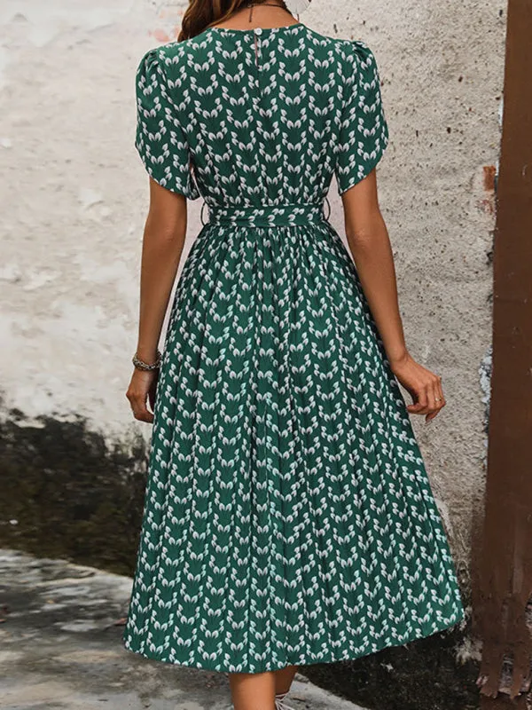 A-Line Belted Midi Dress In Green Print with Short Sleeves