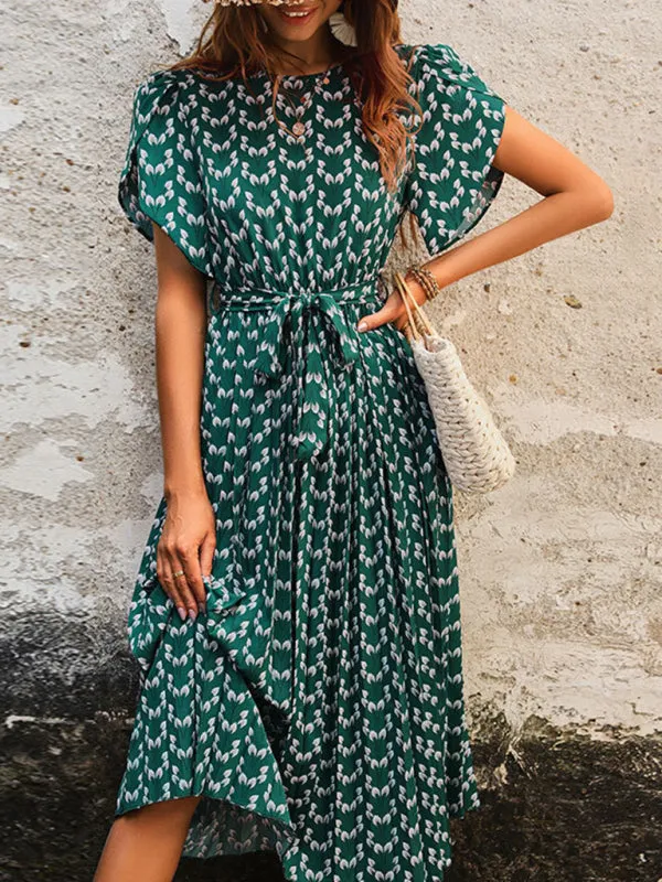 A-Line Belted Midi Dress In Green Print with Short Sleeves