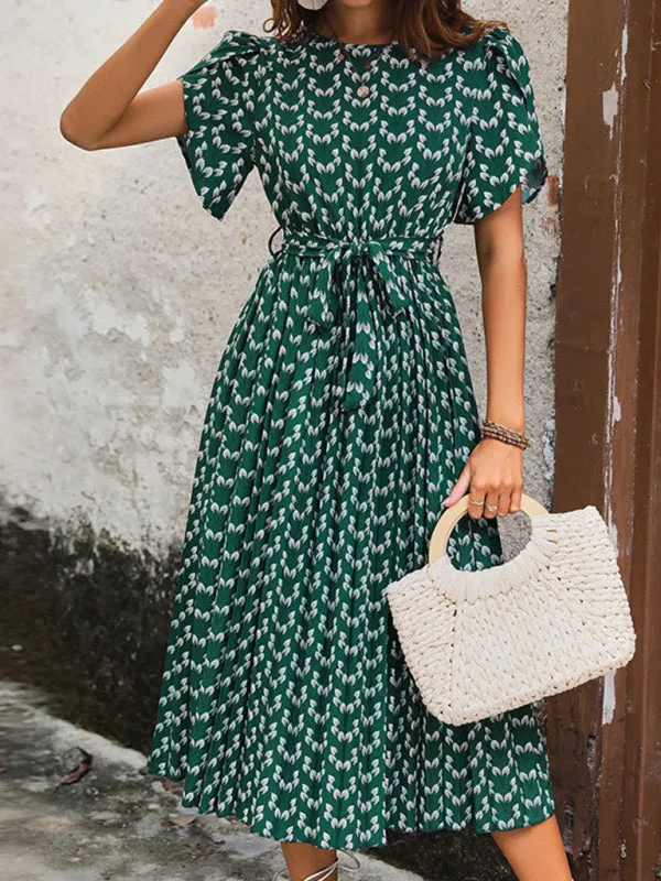 A-Line Belted Midi Dress In Green Print with Short Sleeves