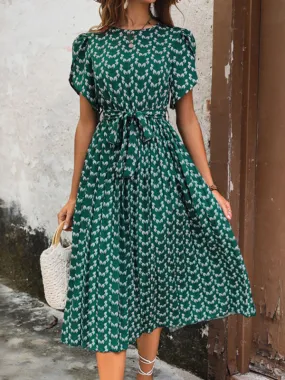 A-Line Belted Midi Dress In Green Print with Short Sleeves