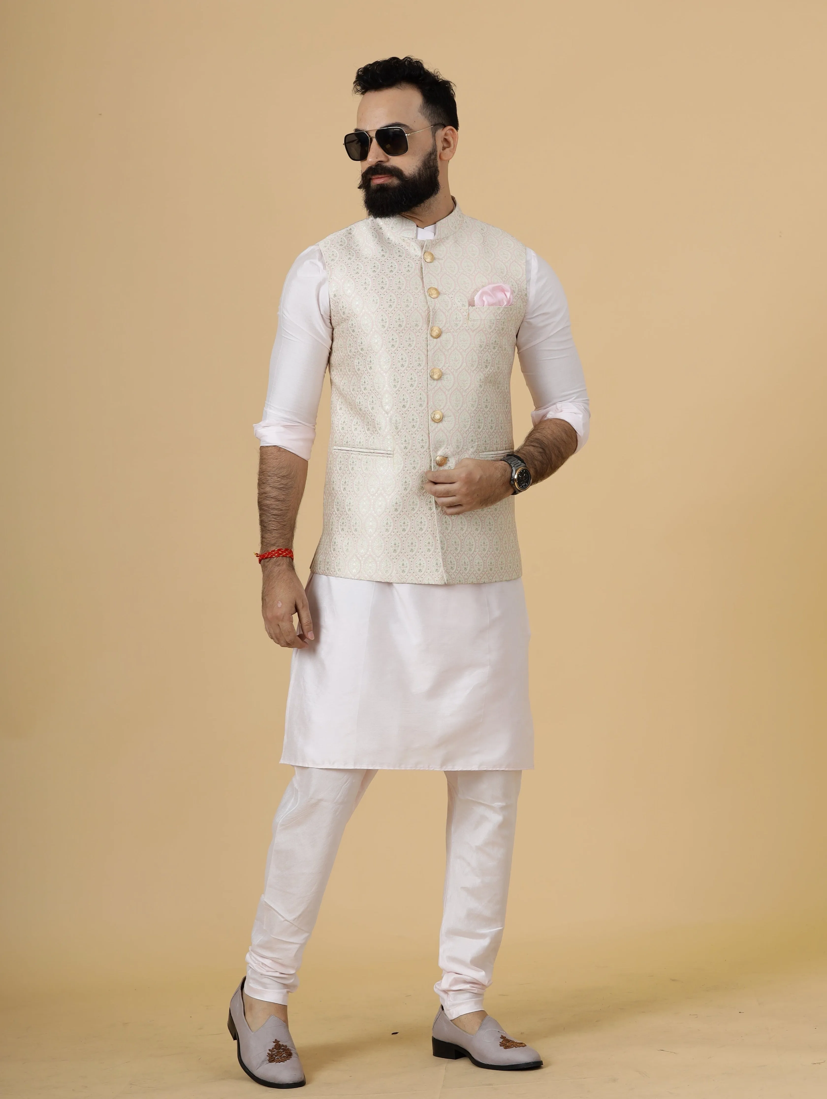 Alluring Beige Brocade silk Half Jodhpuri Jacket with Soft Pink Kurta-Pajama for Men