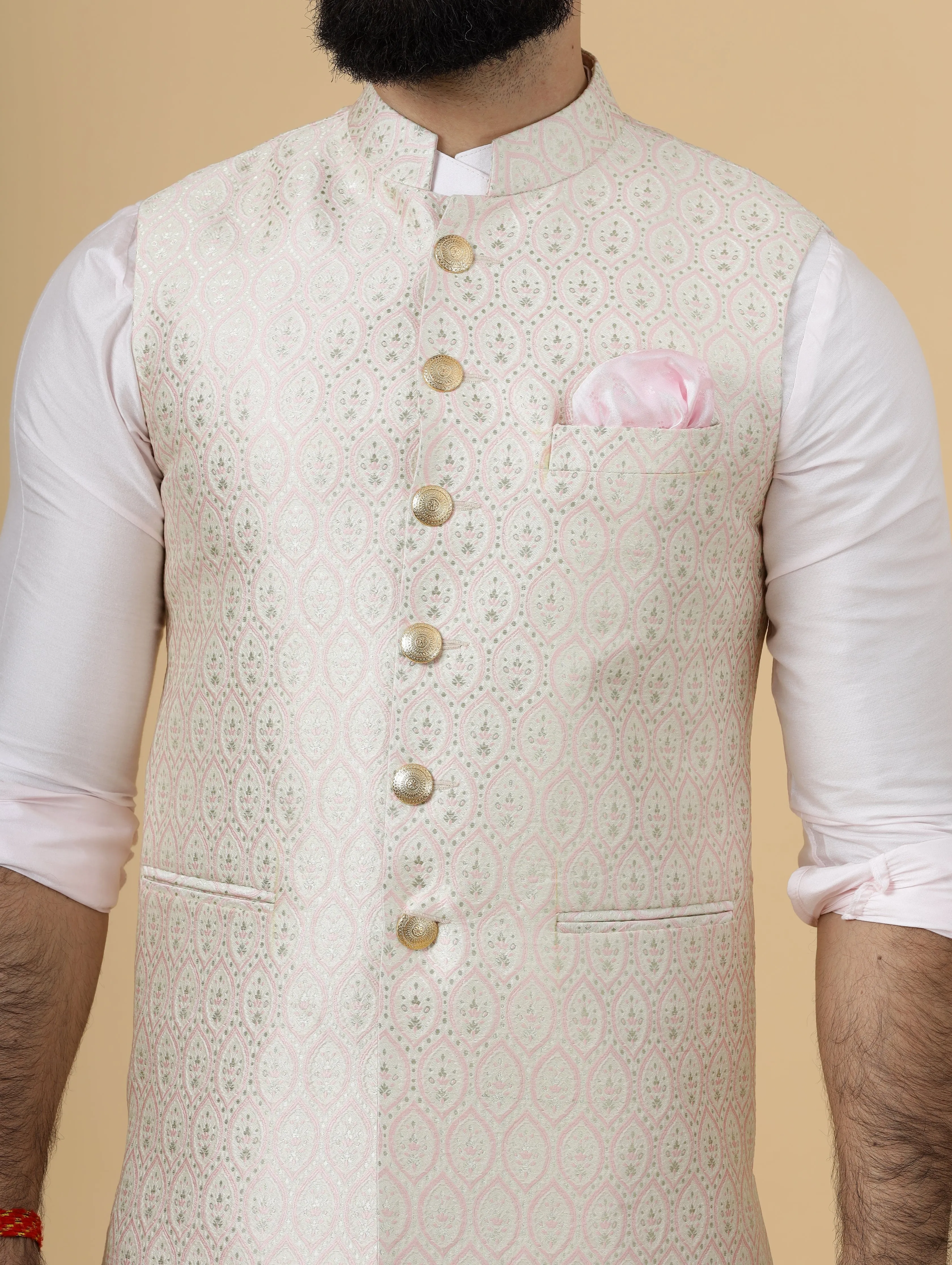 Alluring Beige Brocade silk Half Jodhpuri Jacket with Soft Pink Kurta-Pajama for Men