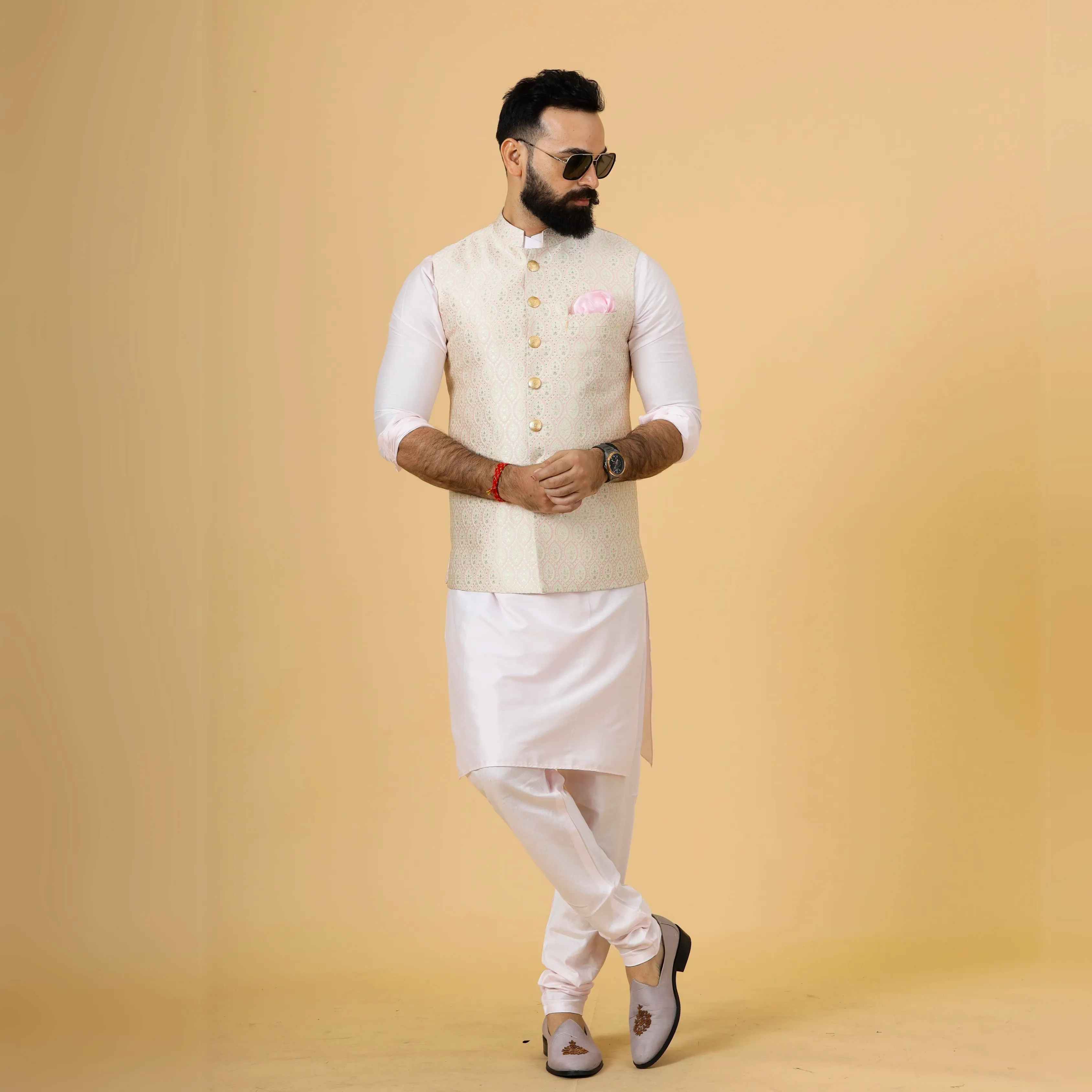 Alluring Beige Brocade silk Half Jodhpuri Jacket with Soft Pink Kurta-Pajama for Men