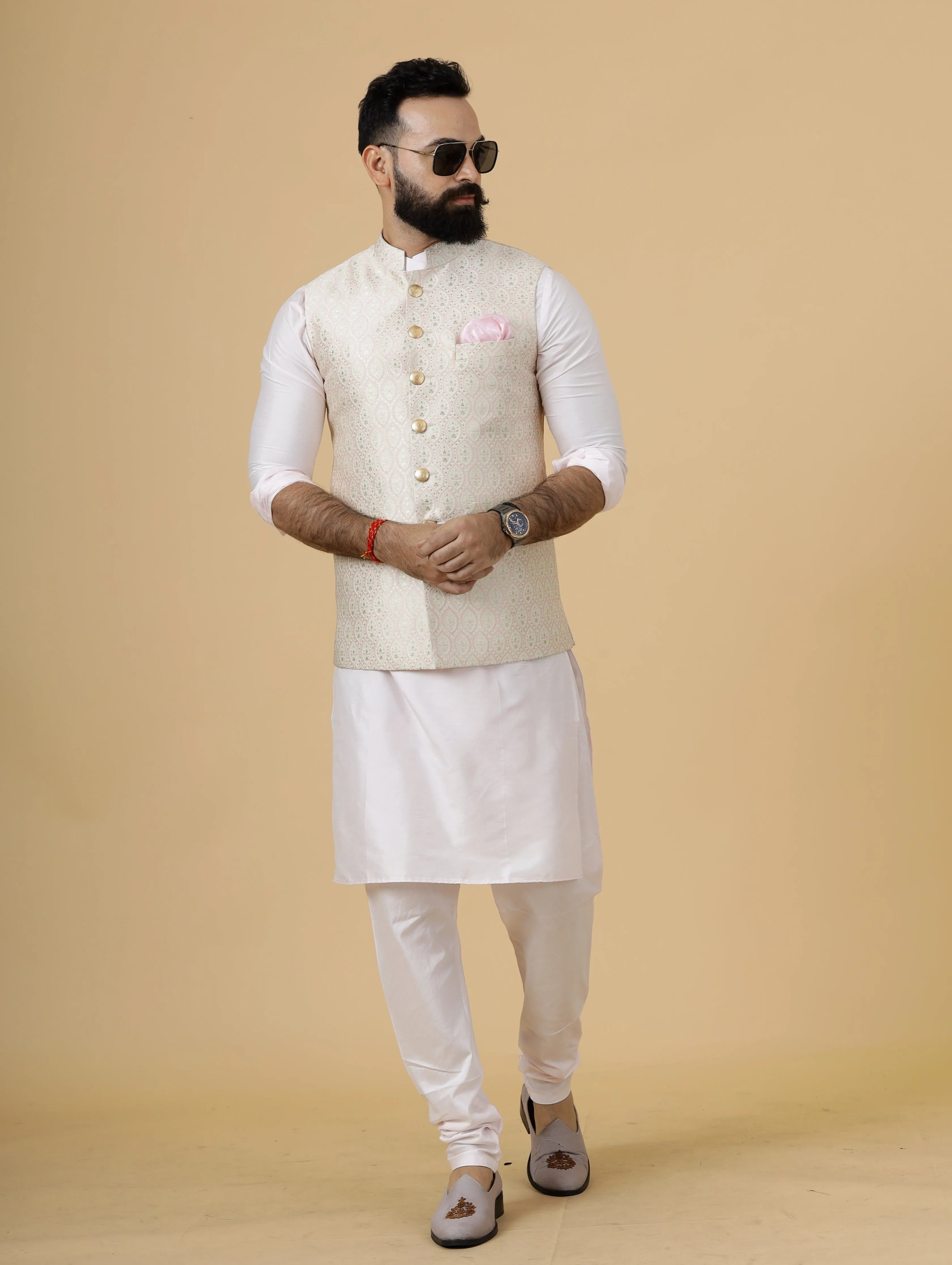 Alluring Beige Brocade silk Half Jodhpuri Jacket with Soft Pink Kurta-Pajama for Men