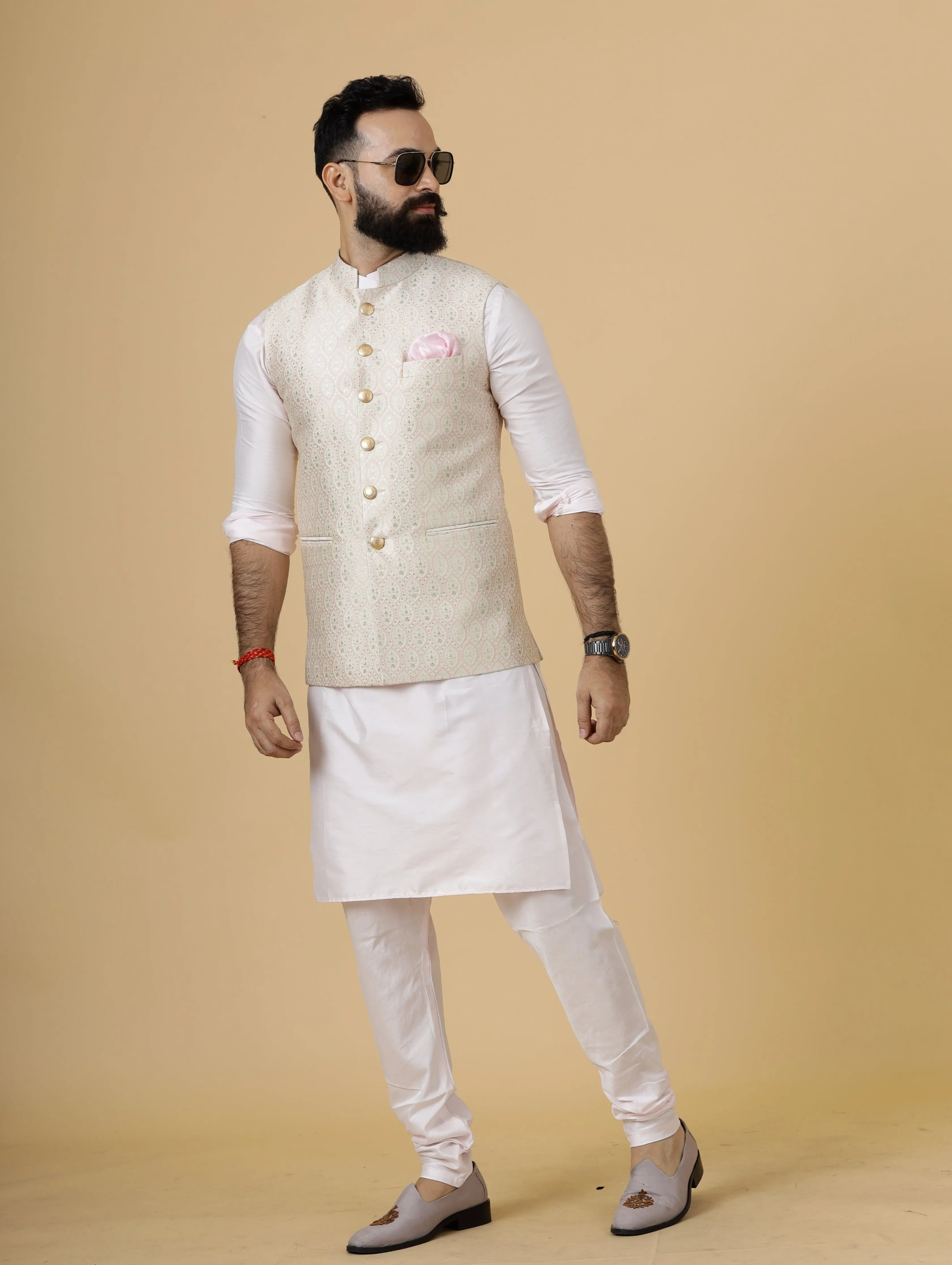 Alluring Beige Brocade silk Half Jodhpuri Jacket with Soft Pink Kurta-Pajama for Men