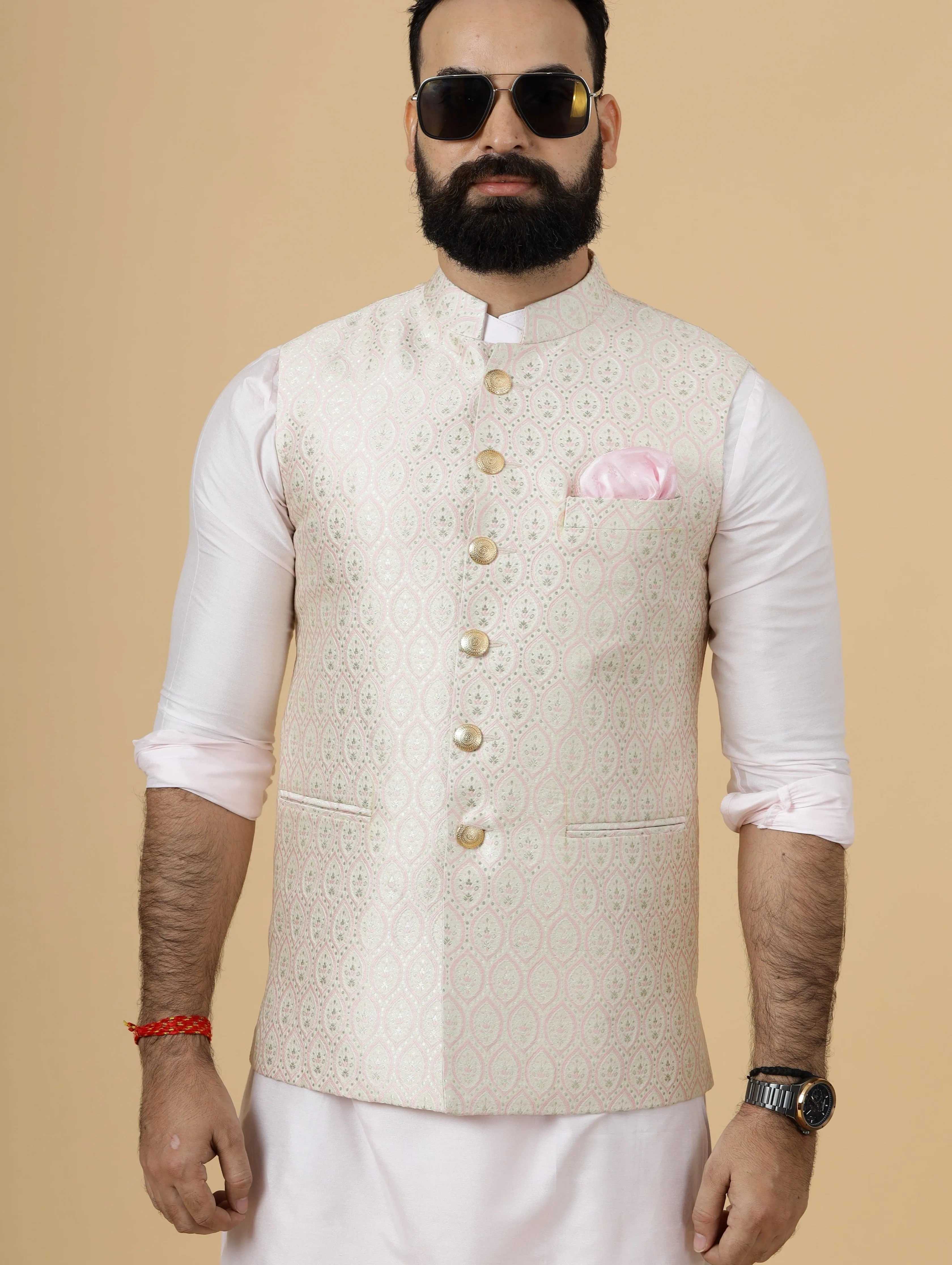 Alluring Beige Brocade silk Half Jodhpuri Jacket with Soft Pink Kurta-Pajama for Men