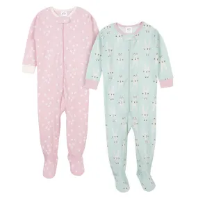 Baby Girls' 2-Pack Organic Bunny Snug Fit Footed Pajamas