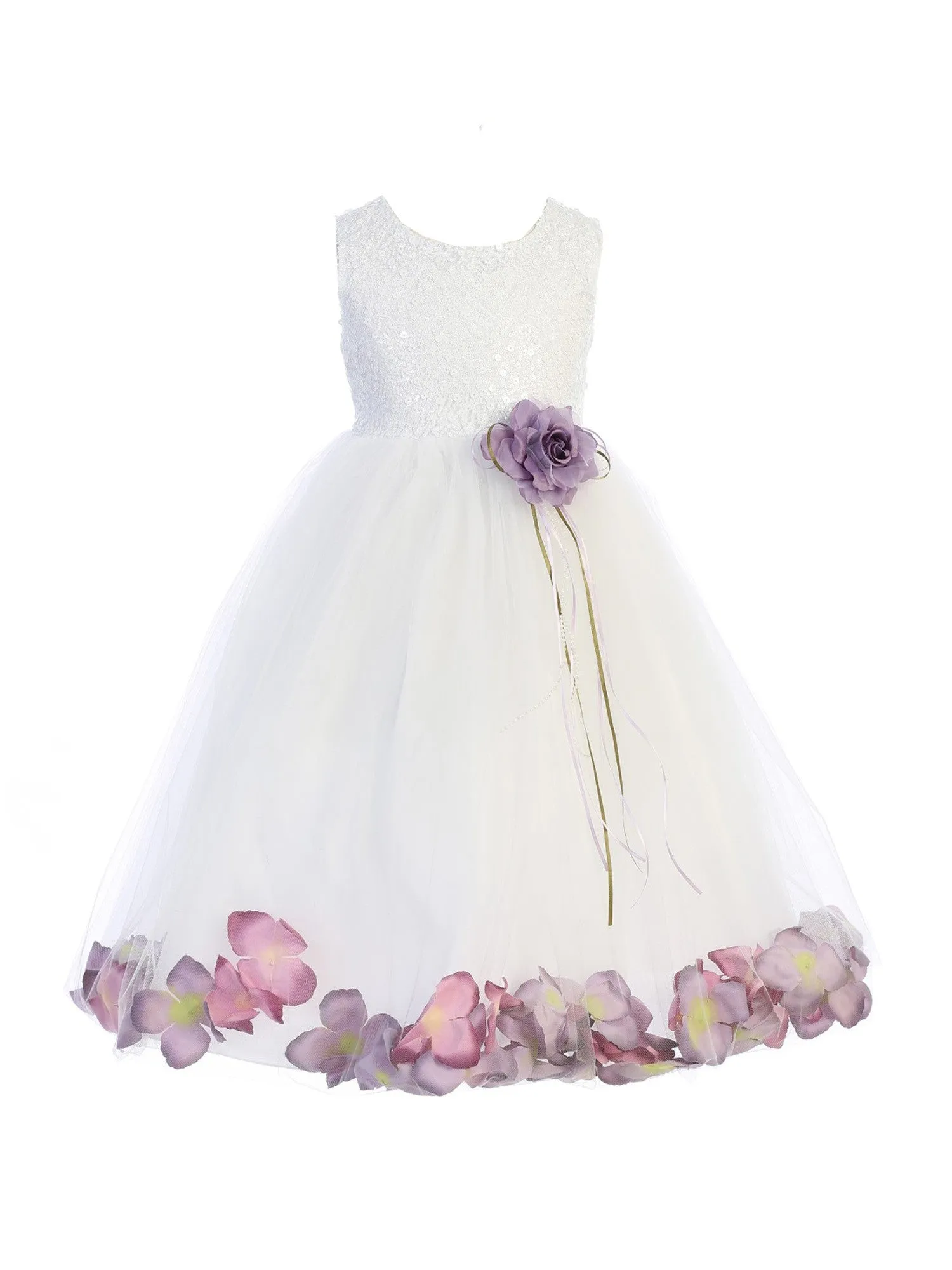 Big Girls White Lavender Floral Petal Junior Bridesmaid Dress 8-14