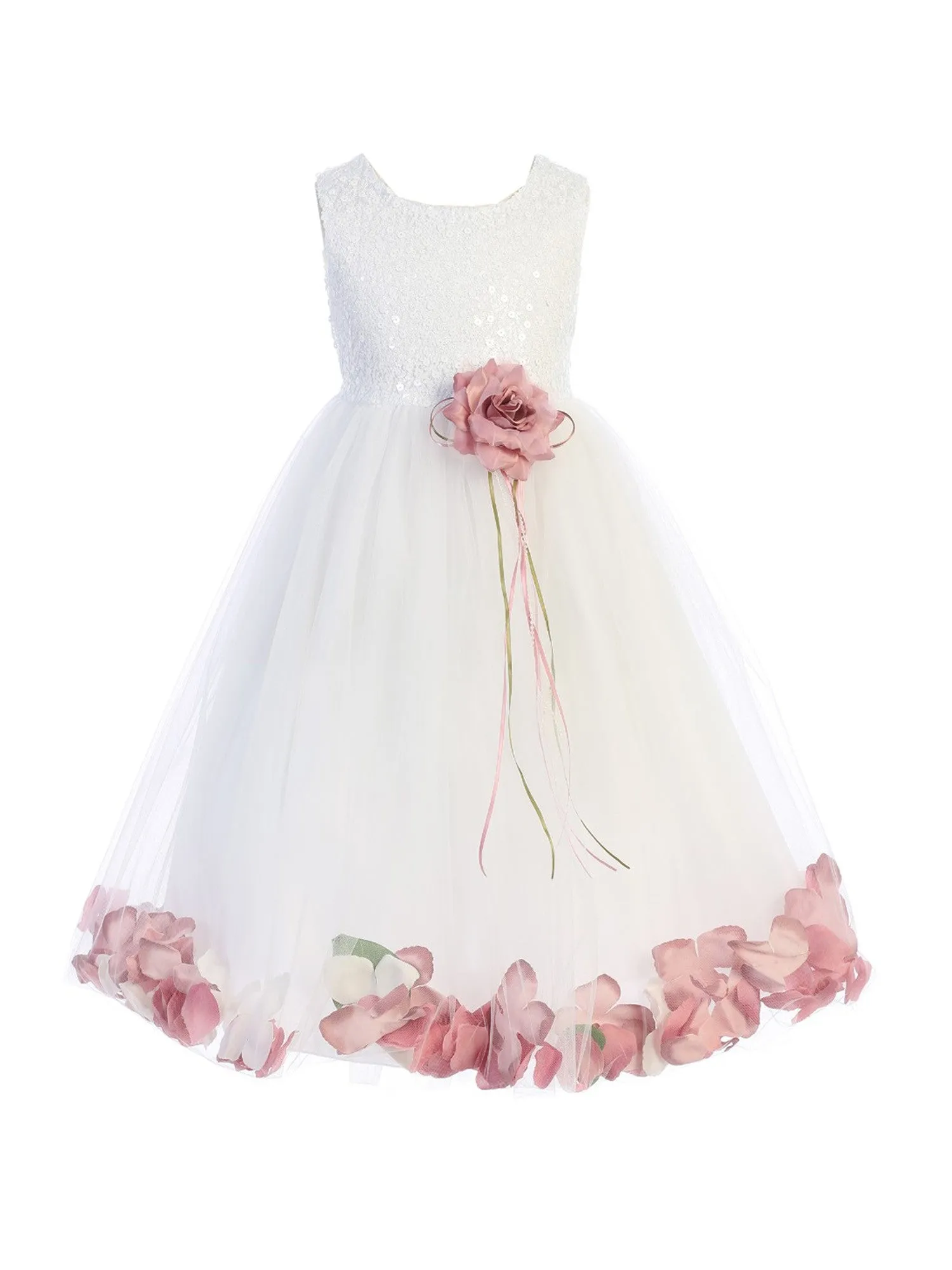 Big Girls White Rose Floral Petal Junior Bridesmaid Dress 8-14