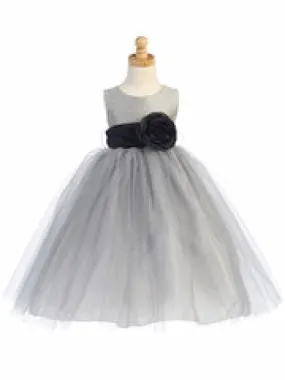 Blossom Silver Poly Silk Bodice & Tulle Skirt Dress w/ Detachable Flower & Sash