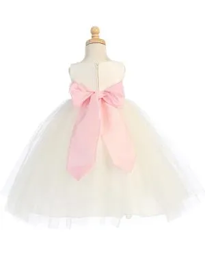 Blossom Silver Poly Silk Bodice & Tulle Skirt Dress w/ Detachable Flower & Sash