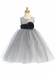 Blossom Silver Poly Silk Bodice & Tulle Skirt Dress w/ Detachable Flower & Sash