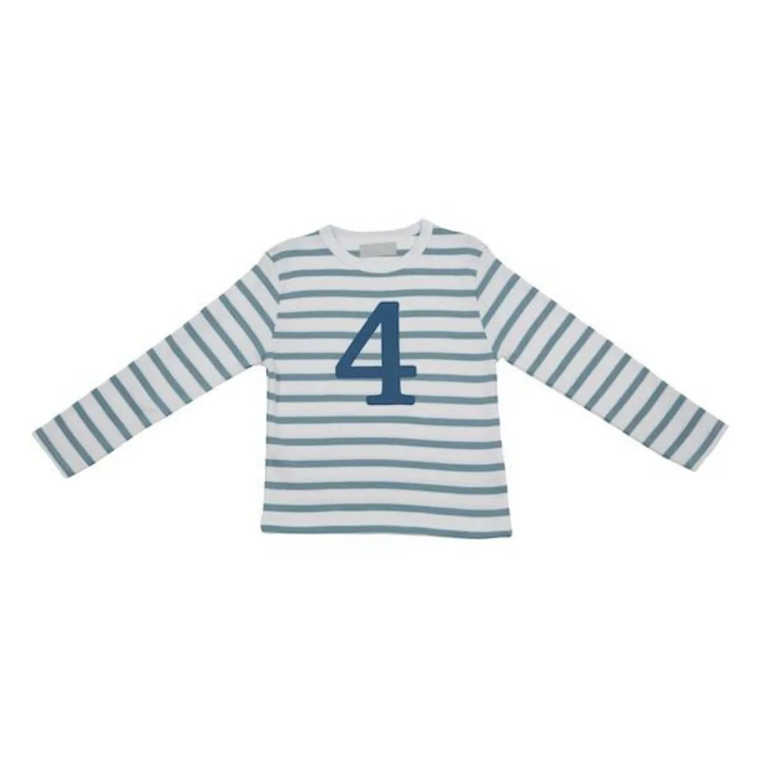 Bob & Blossom: Ocean Blue & White Breton Striped Blue Number 4 T-Shirt