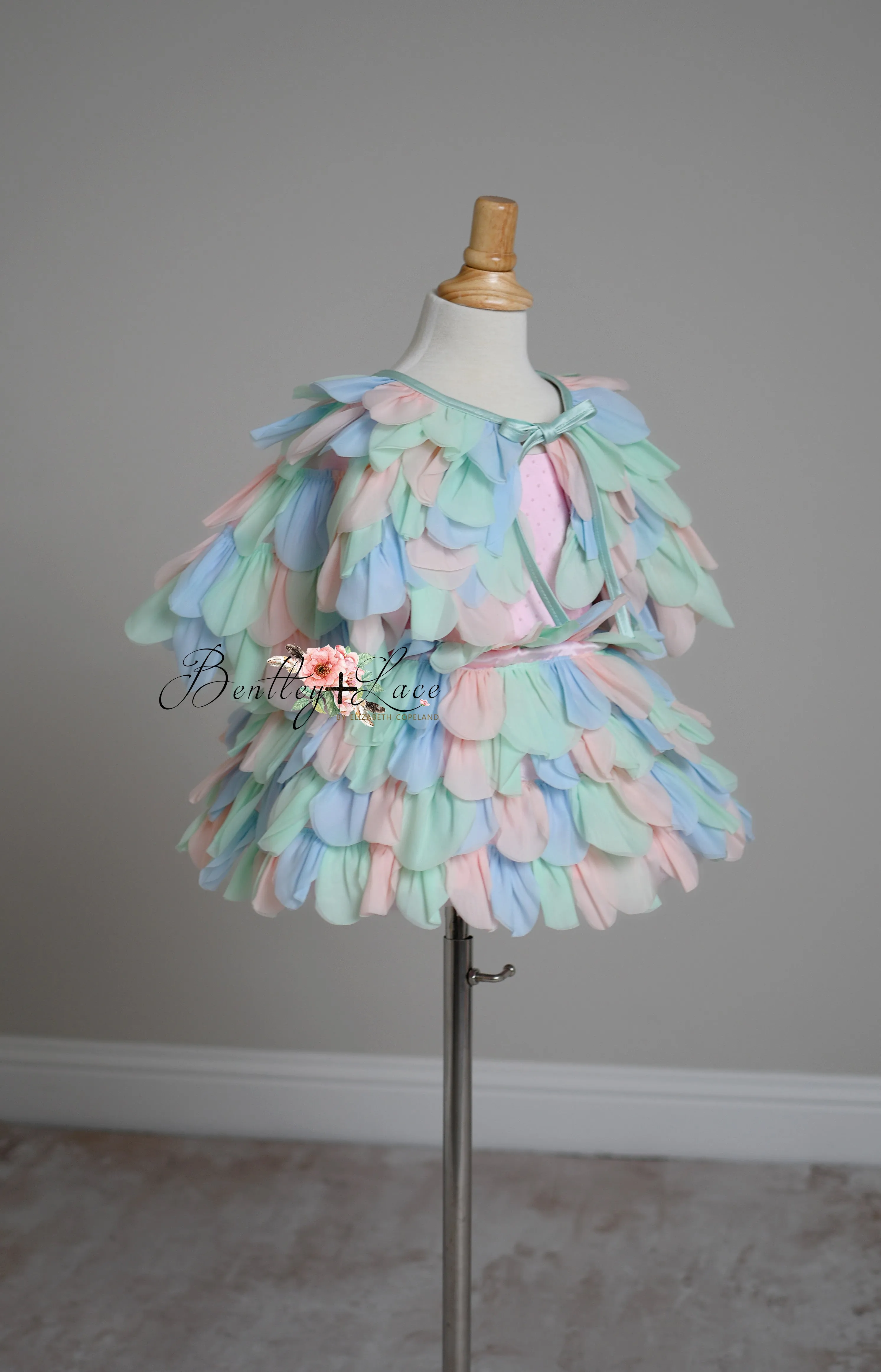 Couture Rental Gown "Petal Whispers" Pastel -  Petal Length Dress   Cape ( 2 Year - Petite 4 Year)