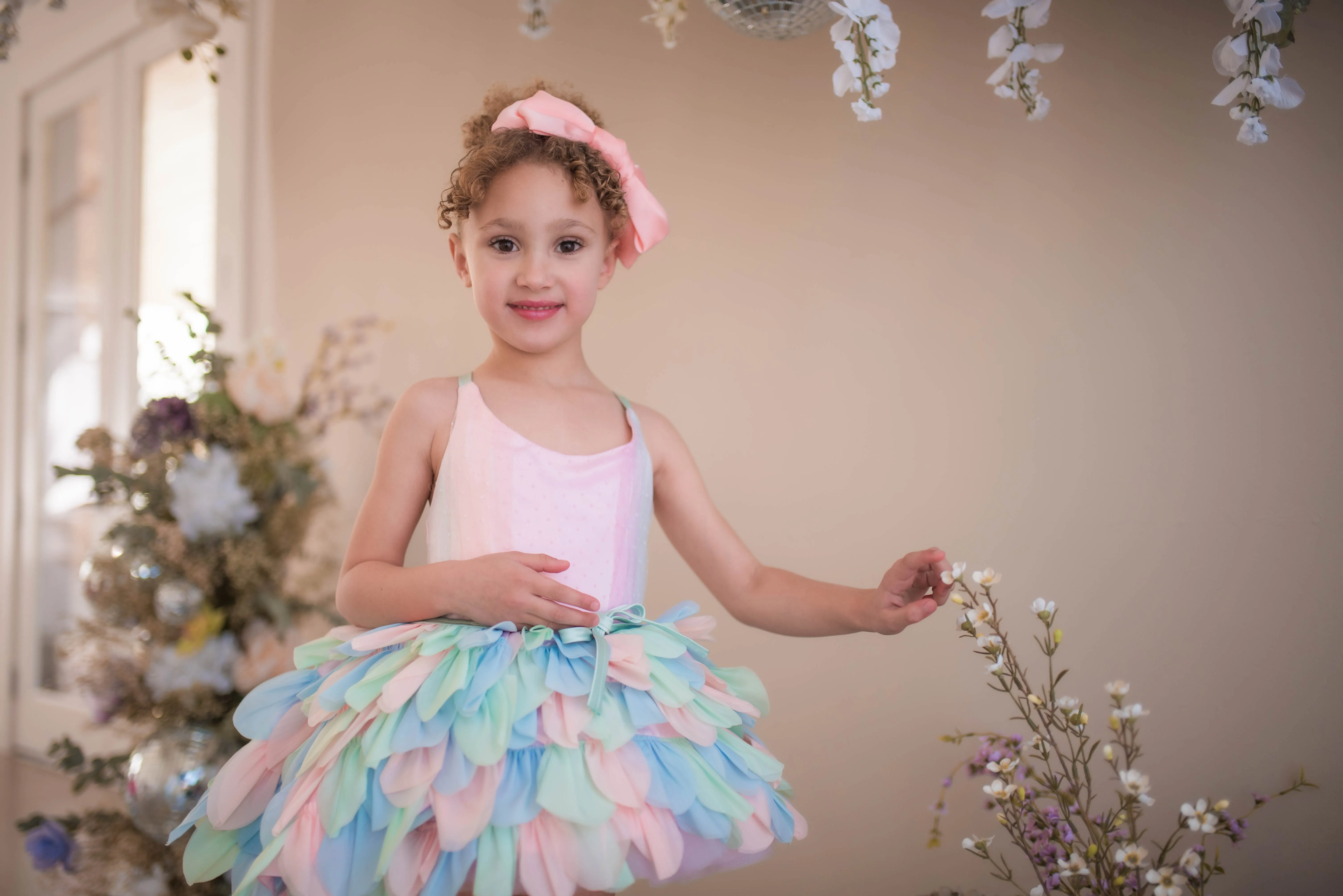 Couture Rental Gown "Petal Whispers" Pastel -  Petal Length Dress   Cape ( 2 Year - Petite 4 Year)