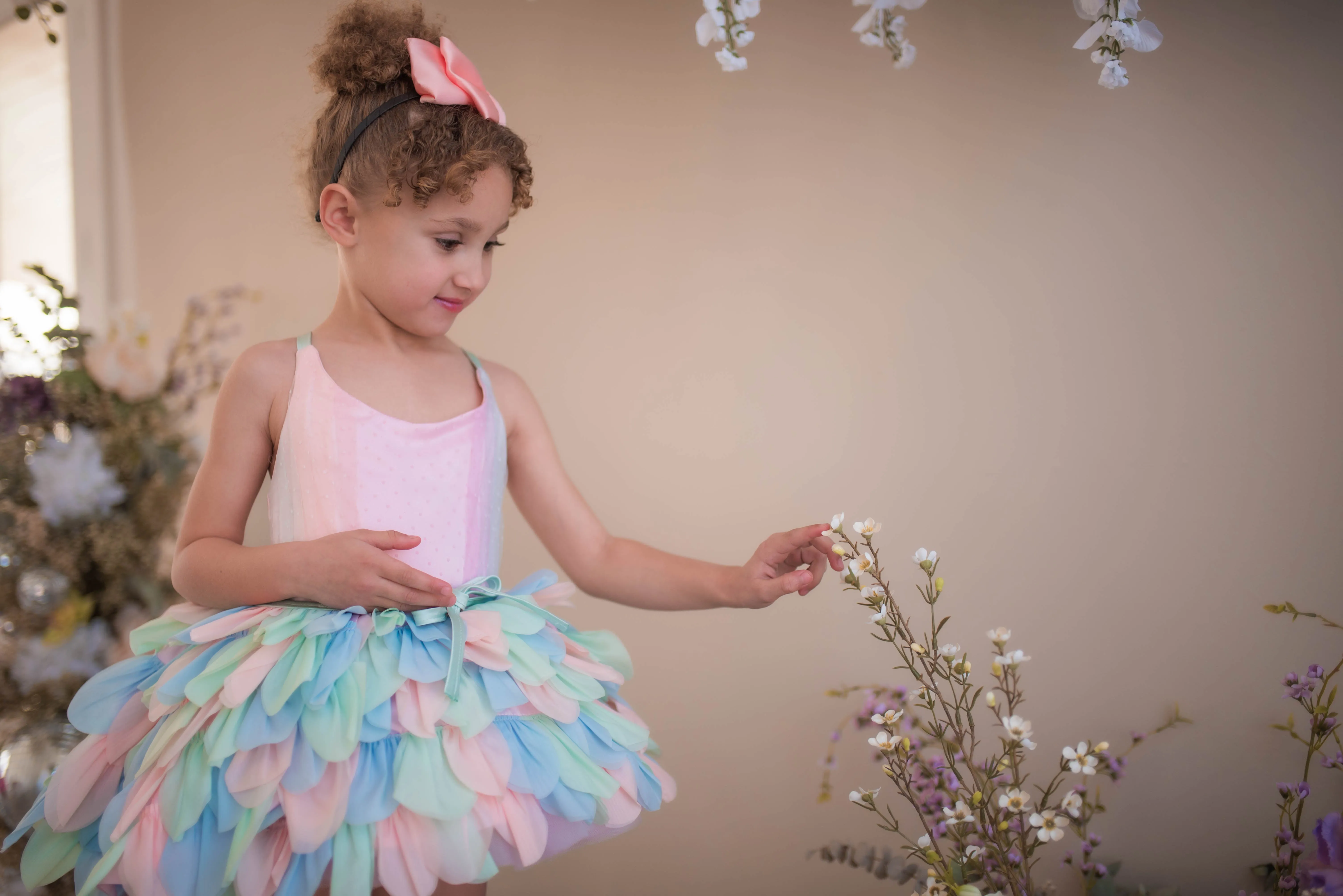 Couture Rental Gown "Petal Whispers" Pastel -  Petal Length Dress   Cape ( 2 Year - Petite 4 Year)