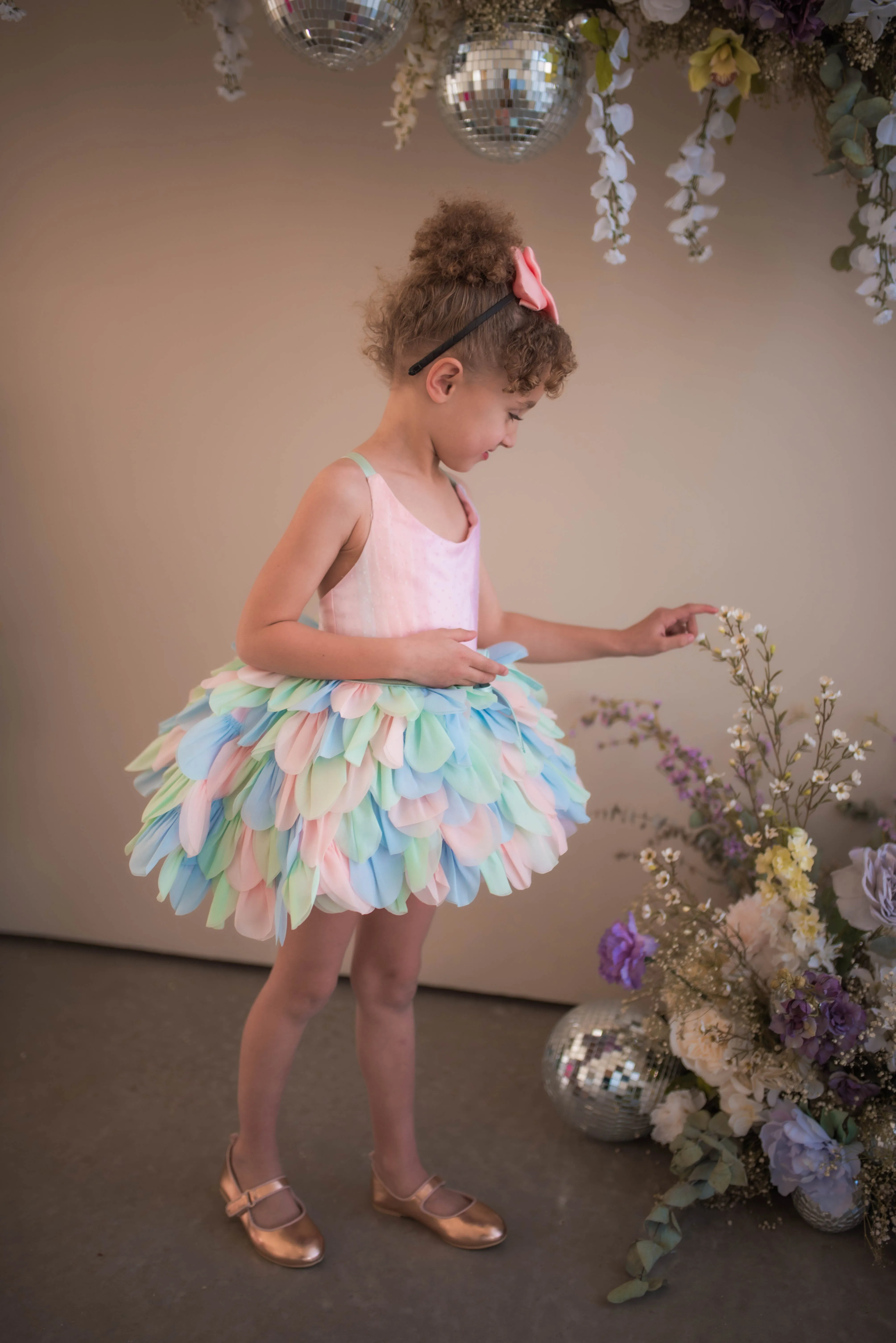 Couture Rental Gown "Petal Whispers" Pastel -  Petal Length Dress   Cape ( 2 Year - Petite 4 Year)