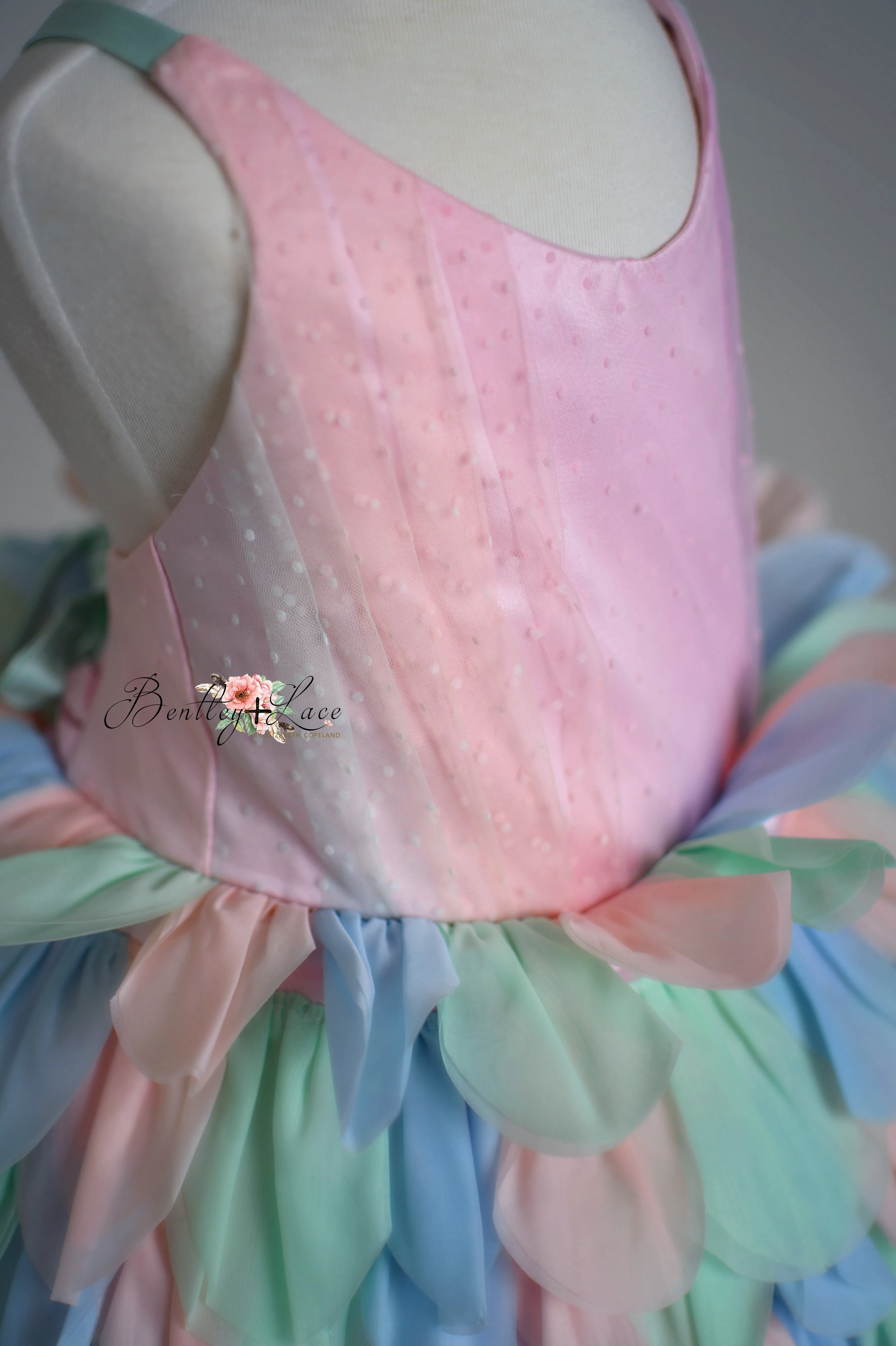 Couture Rental Gown "Petal Whispers" Pastel -  Petal Length Dress   Cape ( 2 Year - Petite 4 Year)