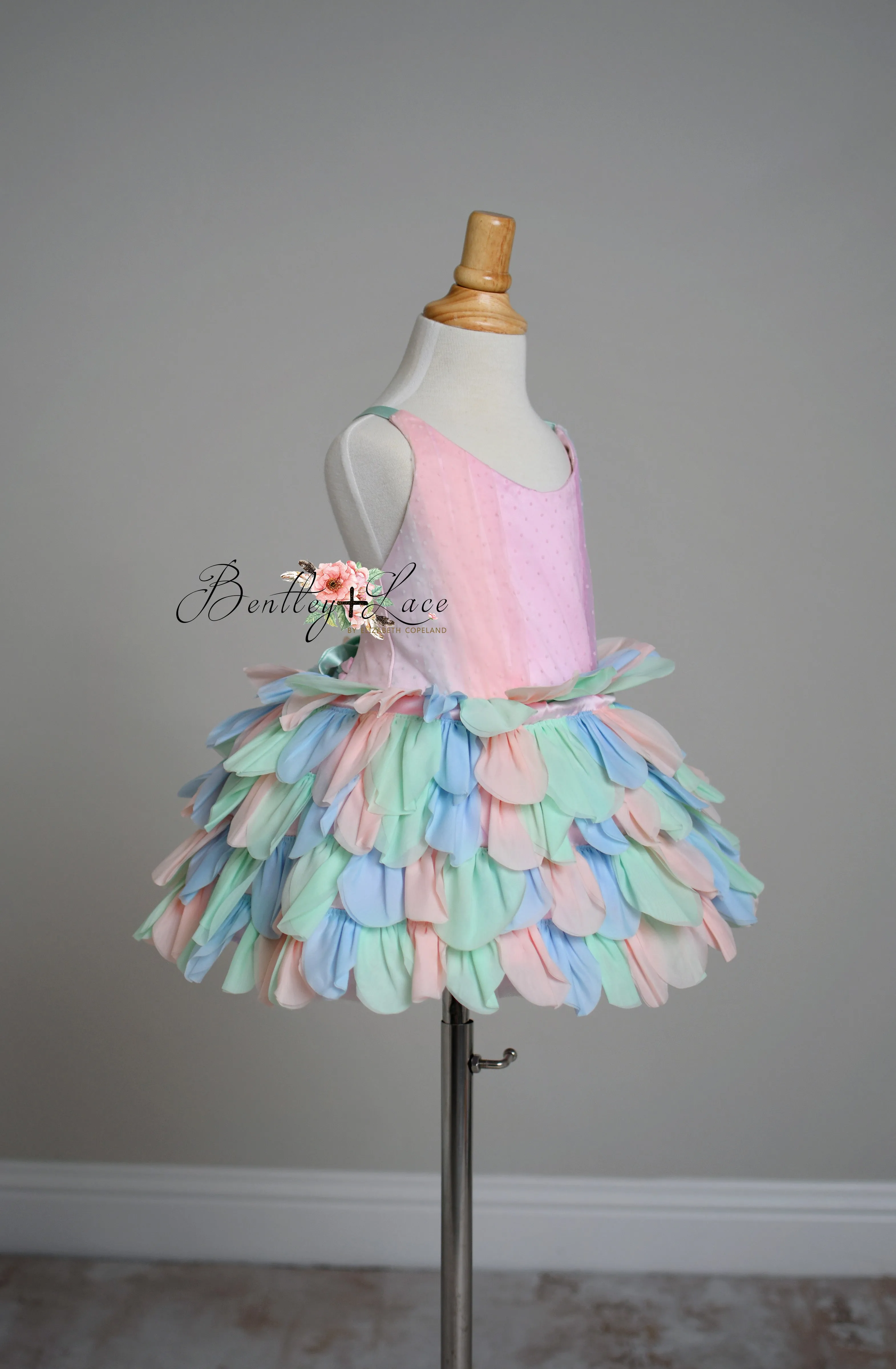 Couture Rental Gown "Petal Whispers" Pastel -  Petal Length Dress   Cape ( 2 Year - Petite 4 Year)