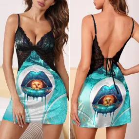 Cyan Abstract Skull Lip Women's Back Lace Babydolls Nightgowns