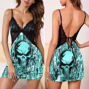 Cyan Skull Camo Art Women's Back Lace Babydolls Nightgowns