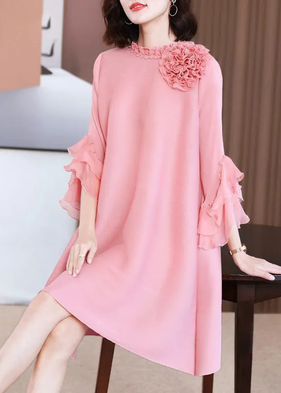 Elegant Pink Stand Collar Floral Nail Bead Vacation Dresses Petal Sleeve LY2725