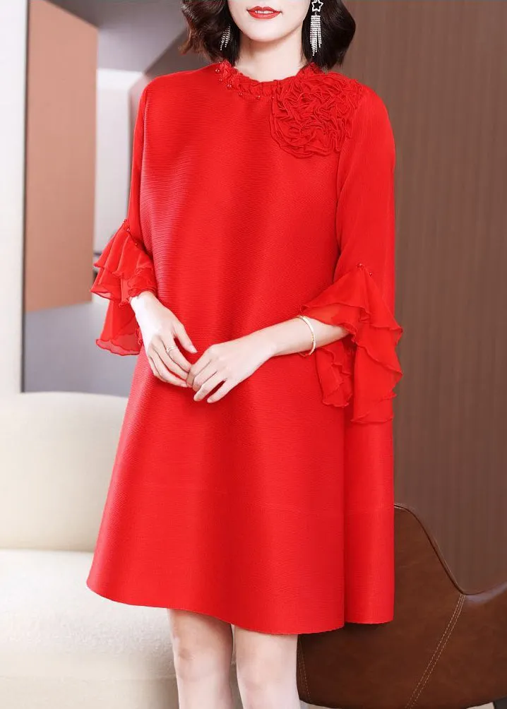 Elegant Pink Stand Collar Floral Nail Bead Vacation Dresses Petal Sleeve LY2725