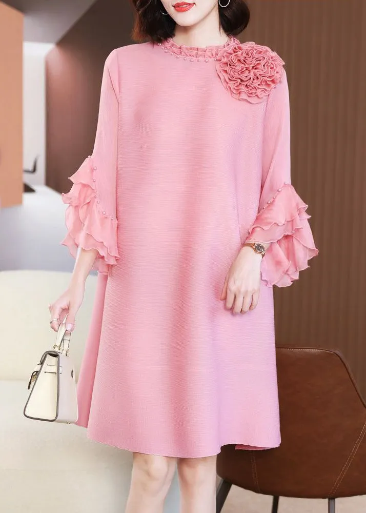 Elegant Pink Stand Collar Floral Nail Bead Vacation Dresses Petal Sleeve LY2725