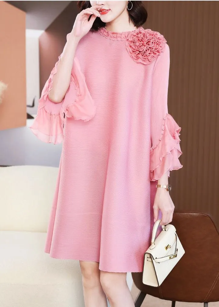 Elegant Pink Stand Collar Floral Nail Bead Vacation Dresses Petal Sleeve LY2725