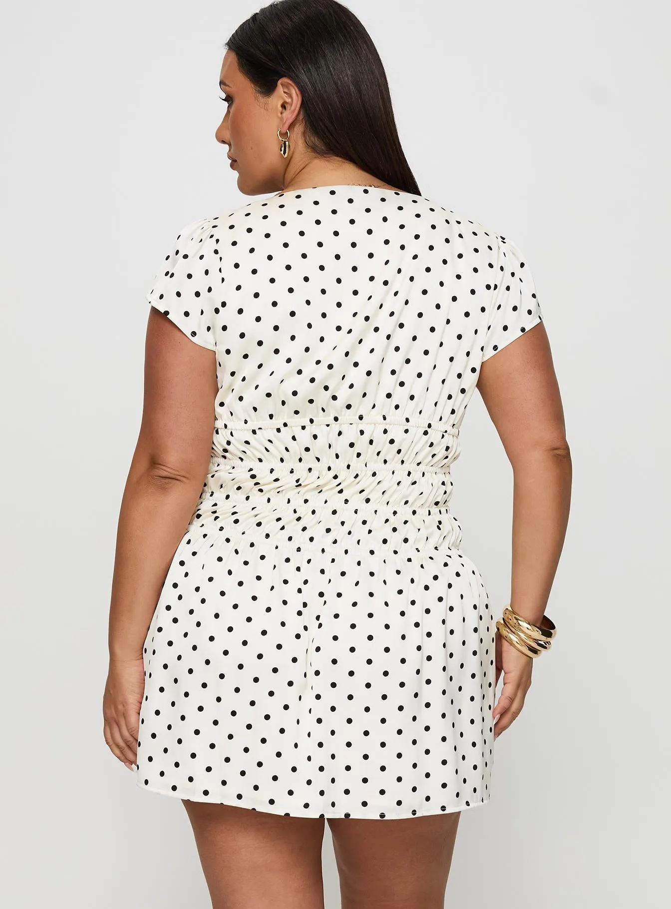 Evangelie Ruched Mini Dress White Polka Curve