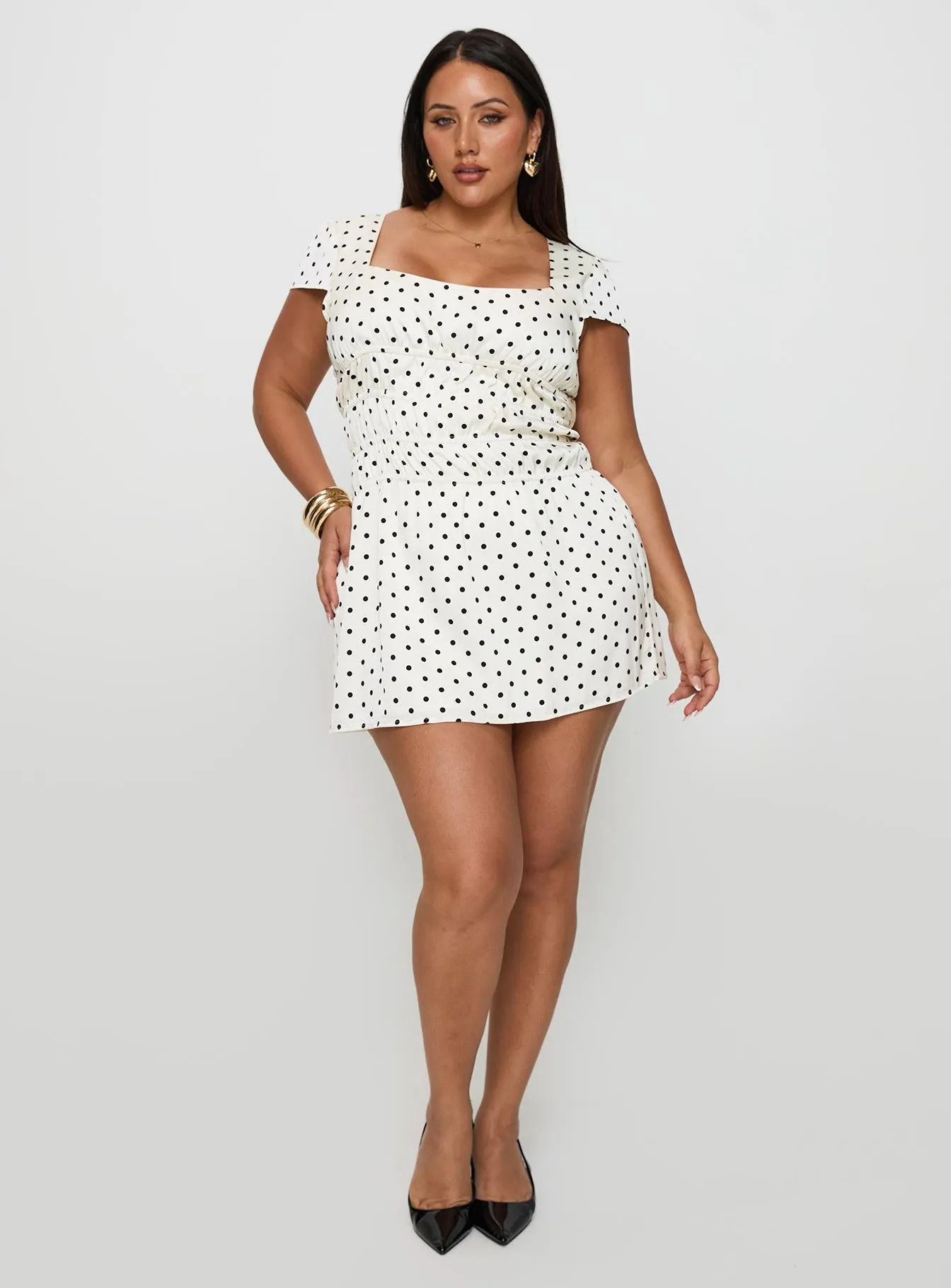 Evangelie Ruched Mini Dress White Polka Curve