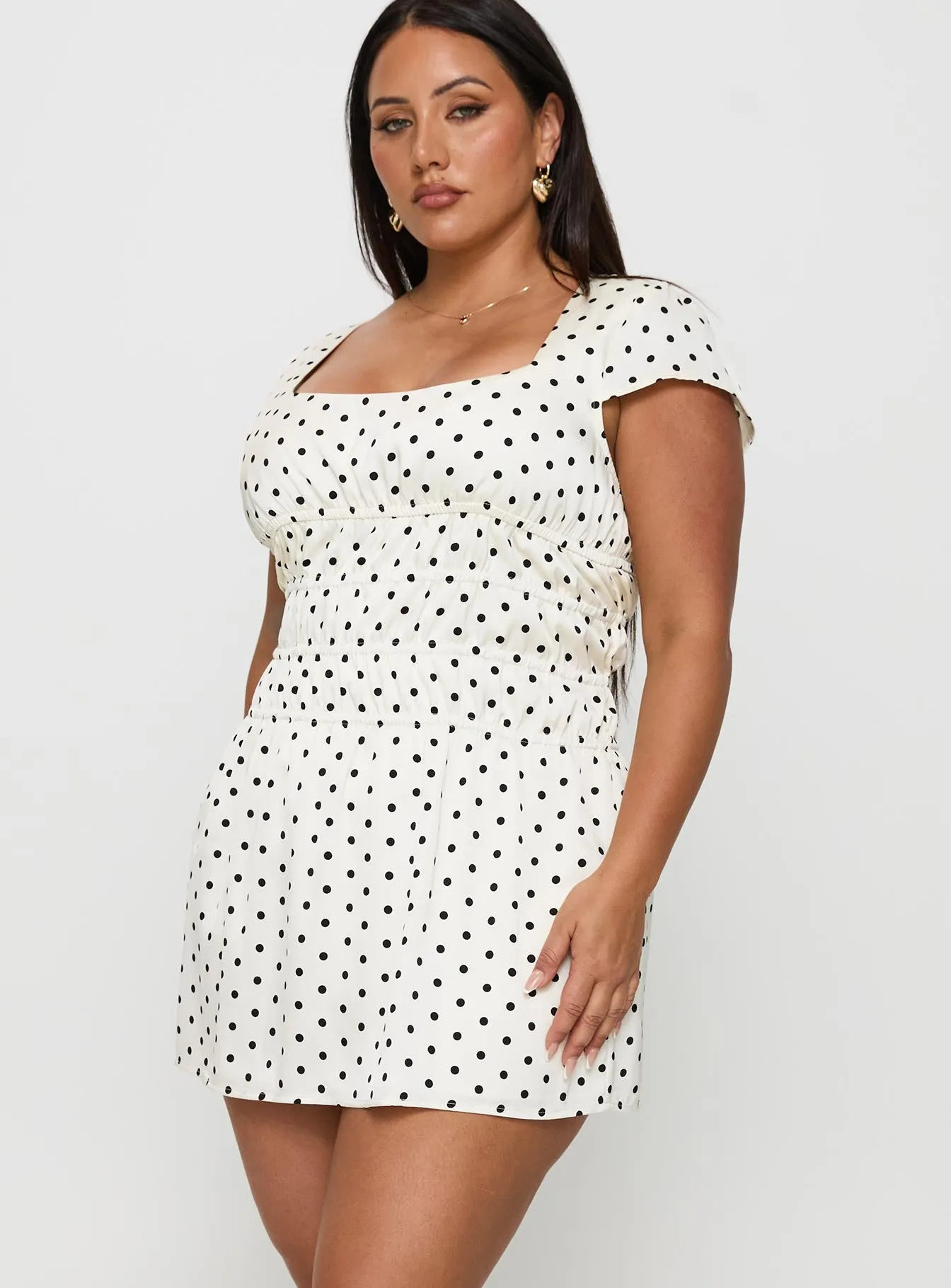 Evangelie Ruched Mini Dress White Polka Curve