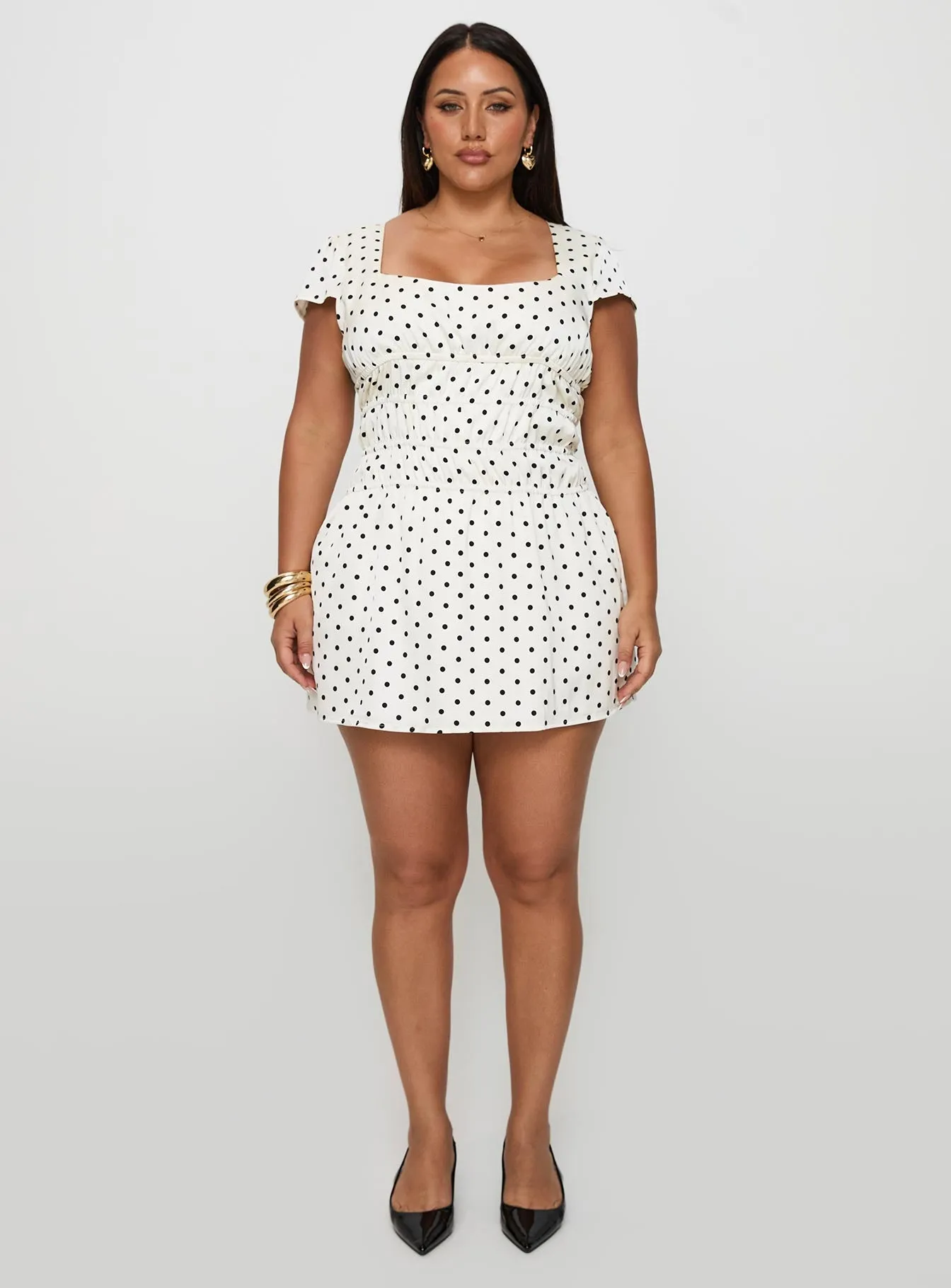 Evangelie Ruched Mini Dress White Polka Curve