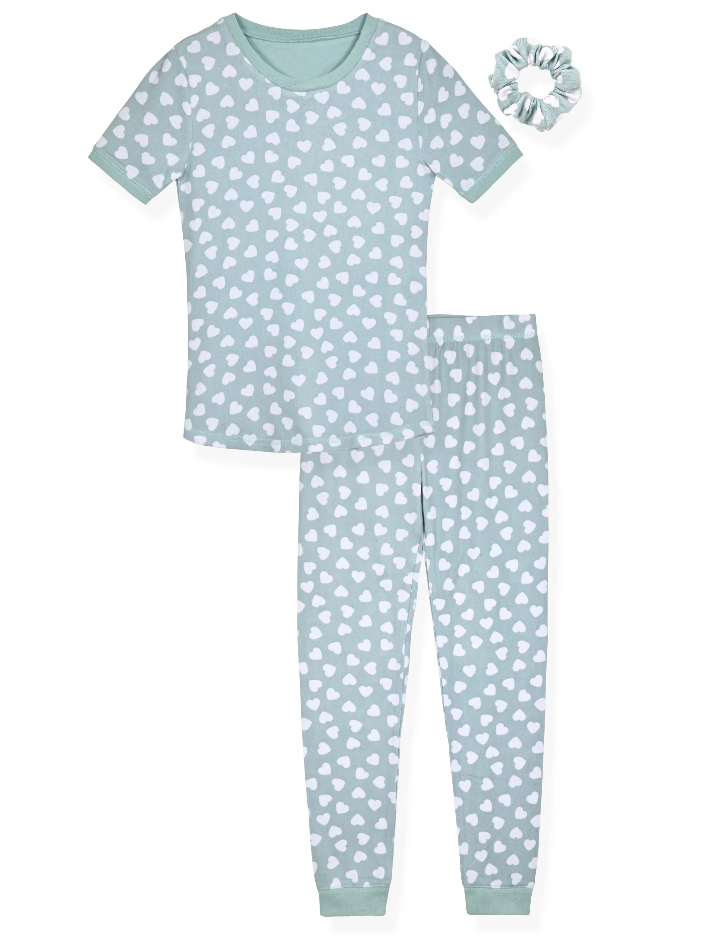 Girls 2-Piece Super Soft Jersey Snug Fit Pajama Set- White Hearts, Mint Green Toddler Girls Pajama Set with Matching Scrunchie.