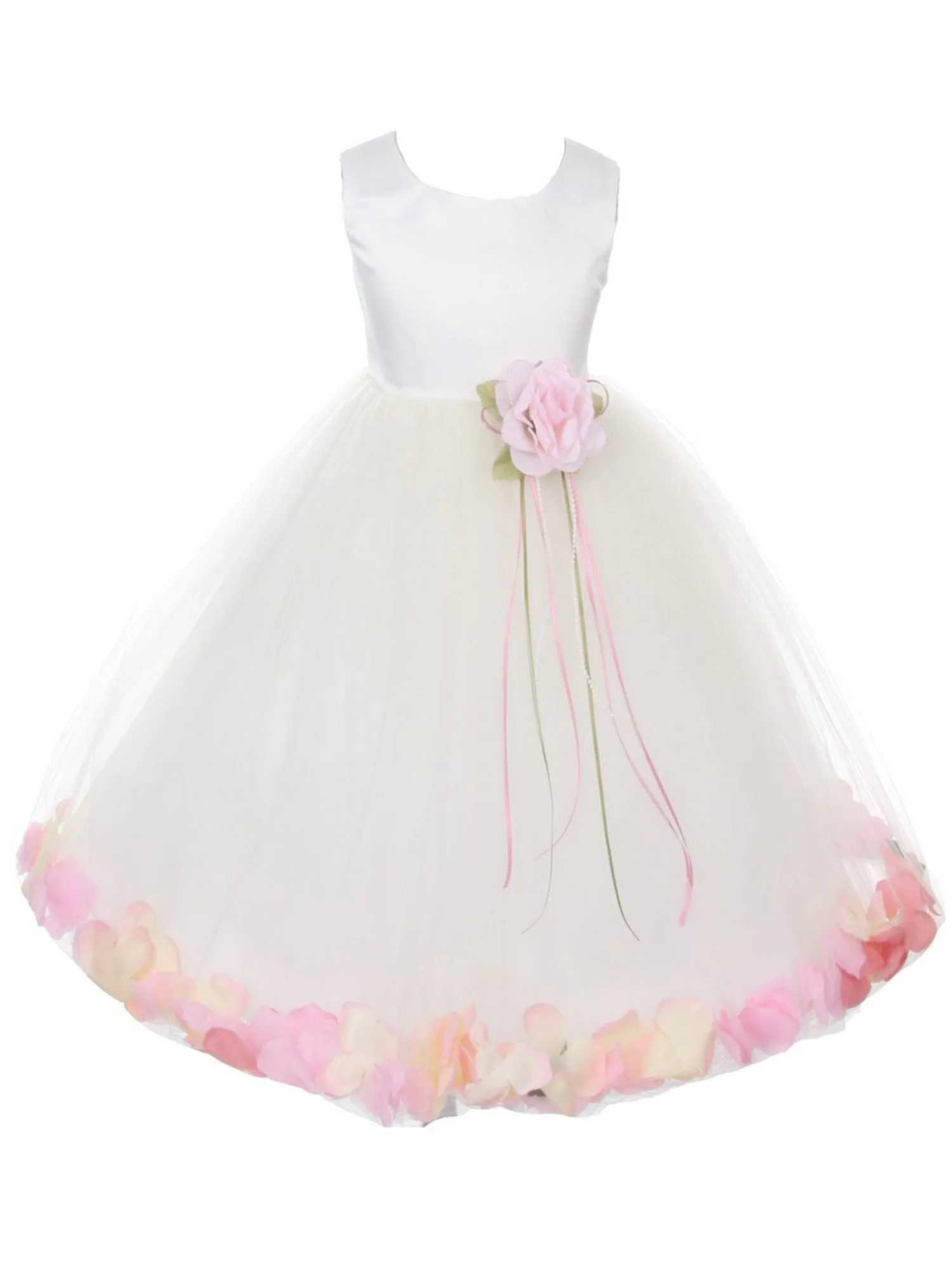 Girls Ivory Without Sash Satin Floral Petal Flower Girl Dress 2T-14