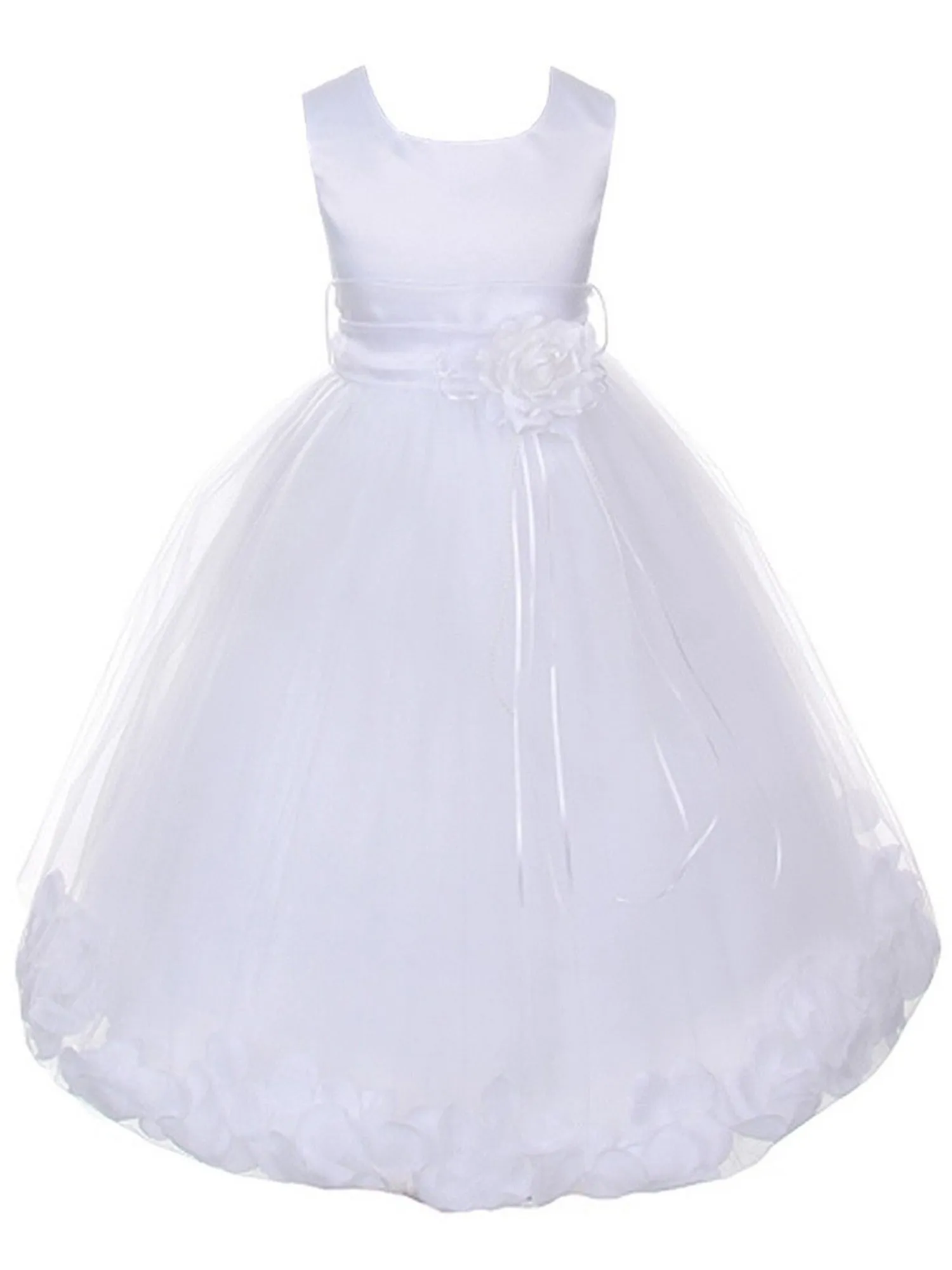 Girls White Satin With Sash Floating Petal Flower Girl Dress 2T-14