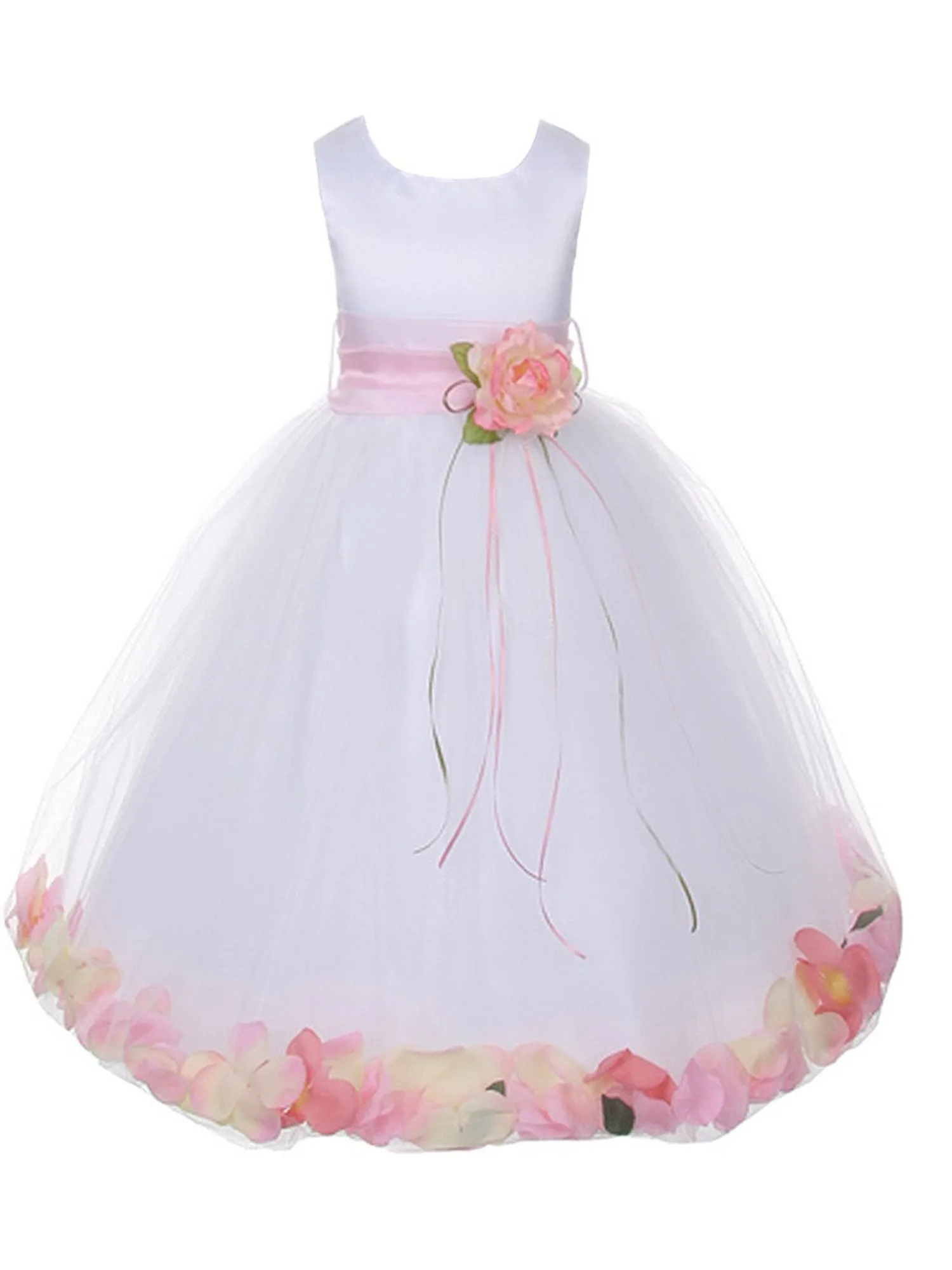 Girls White Satin With Sash Floating Petal Flower Girl Dress 2T-14