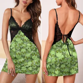 Green Skull Camo Pattern Women's Back Lace Babydolls Nightgowns