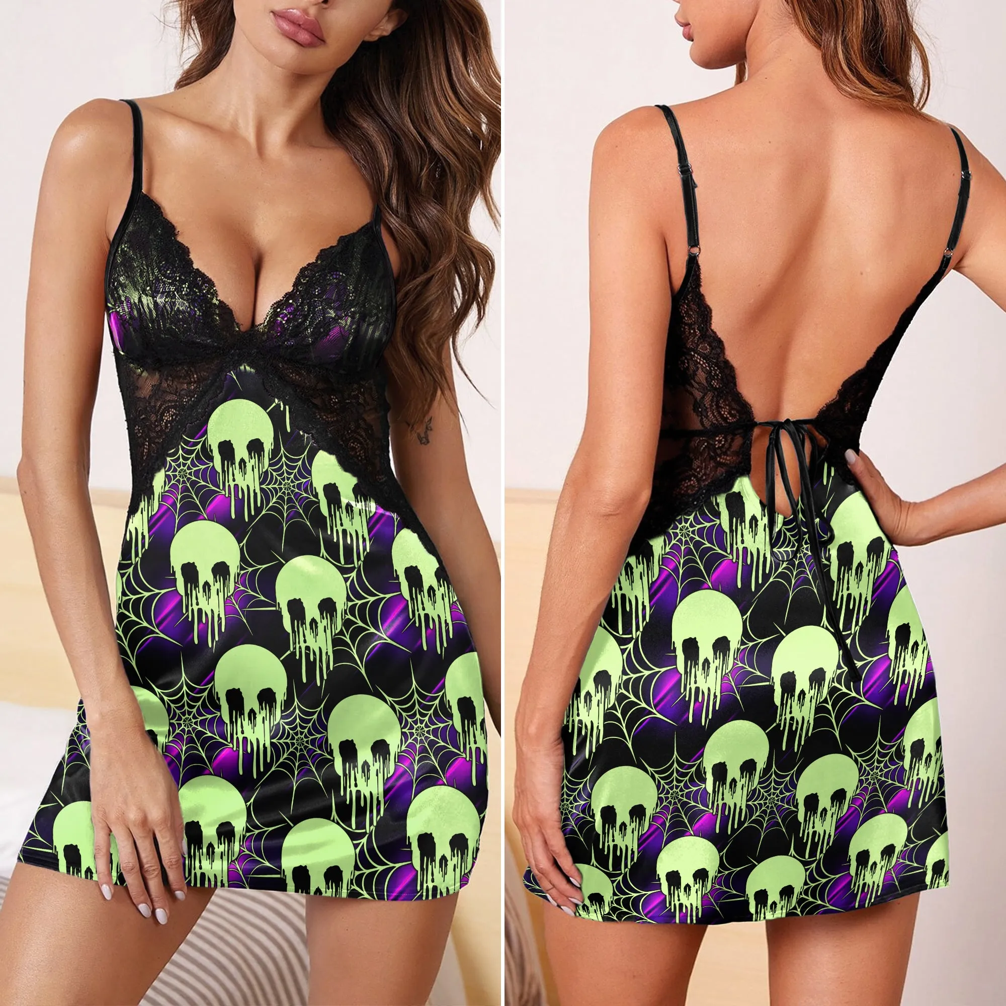 Green Skull Melting Spider Women's Back Lace Babydolls Nightgowns