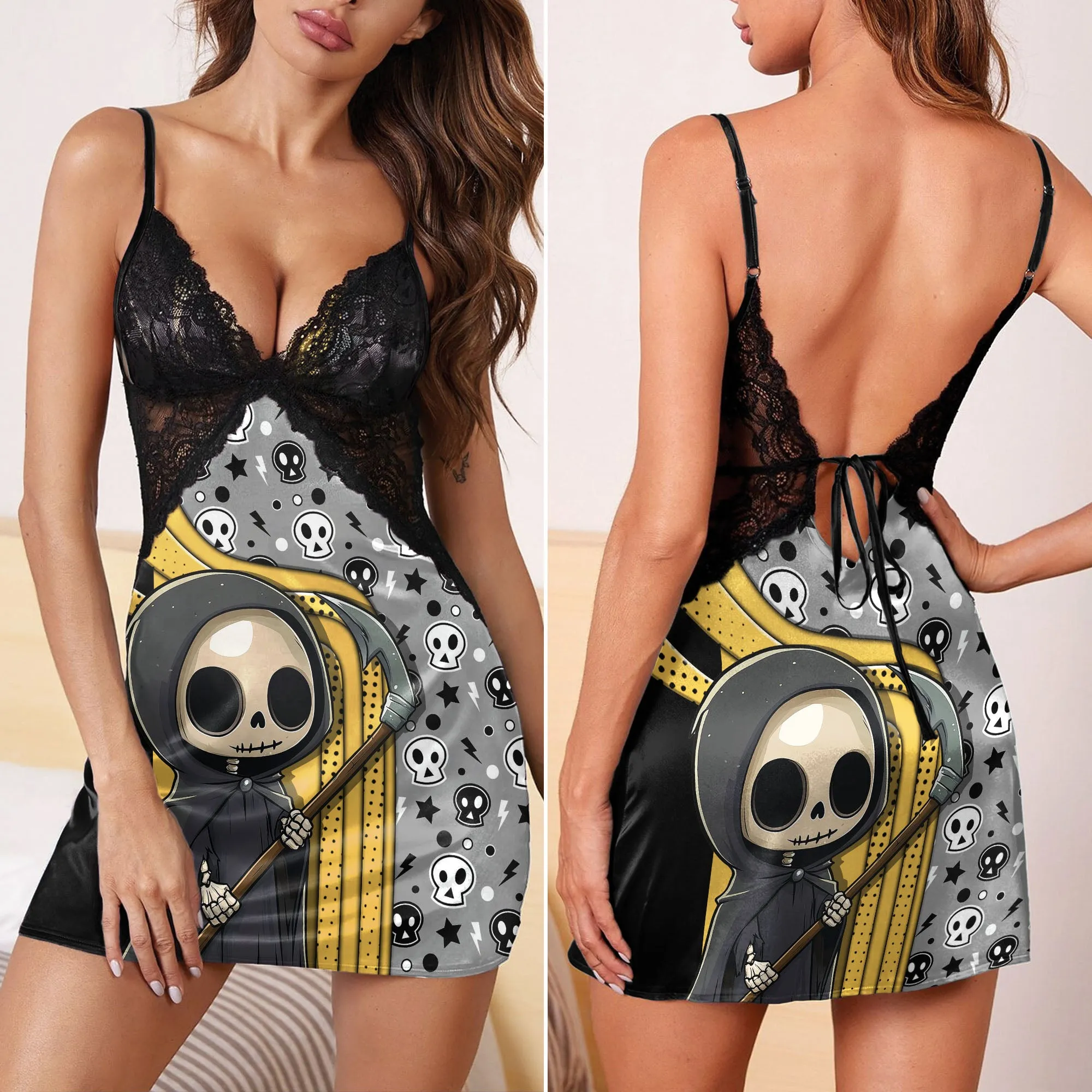 Grim Reaper Emo Pattern Women's Back Lace Babydolls Nightgowns