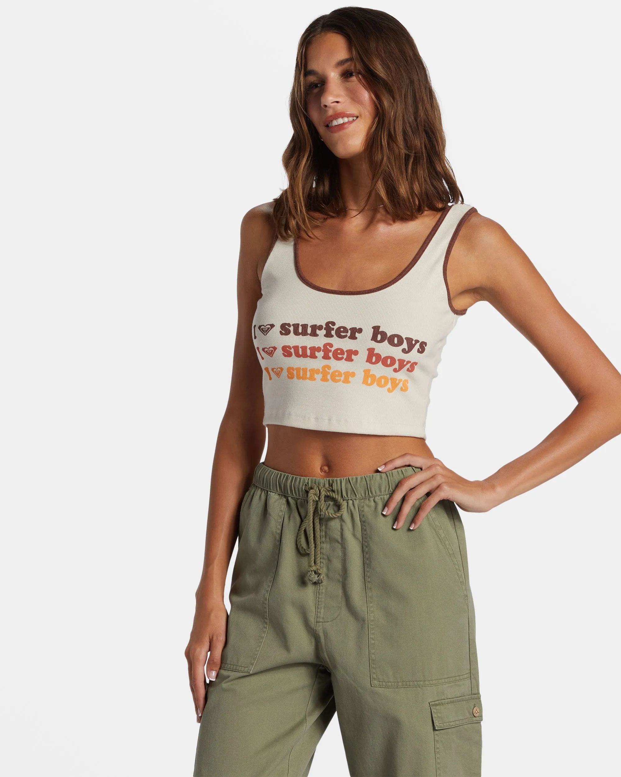 I Heart Surfers Dive In Cropped Tank Top - Parchment