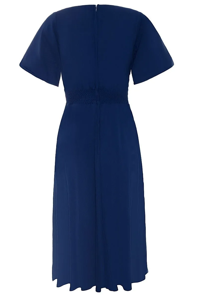 Janice Vintage Tea Dress with Short Sleeves in Dark Blue