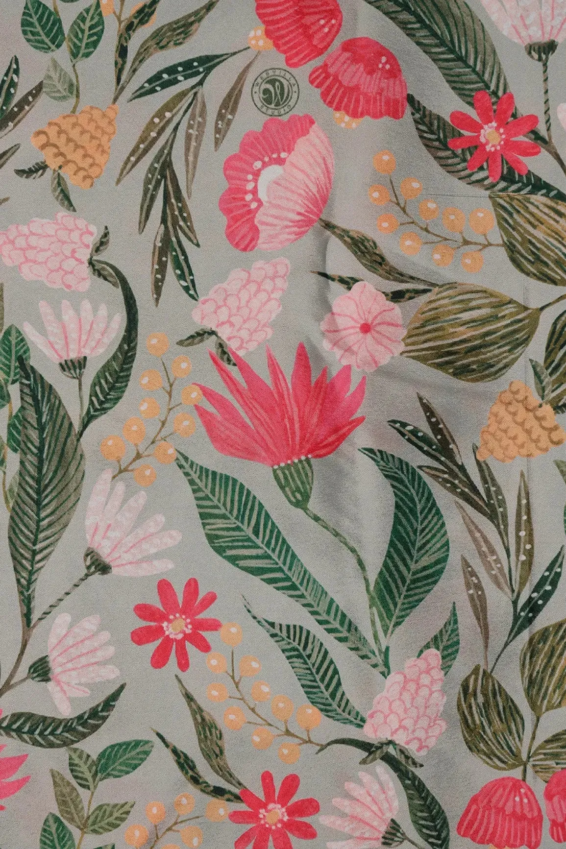 Light Grey And Pink Floral Pattern Digital Print On French Crepe Fabric