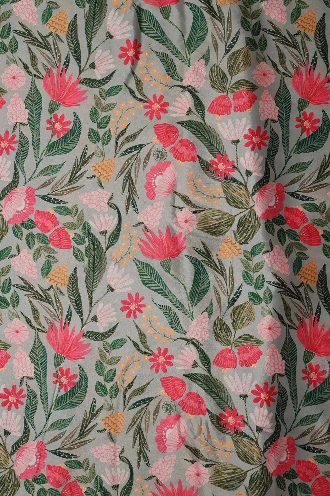 Light Grey And Pink Floral Pattern Digital Print On French Crepe Fabric