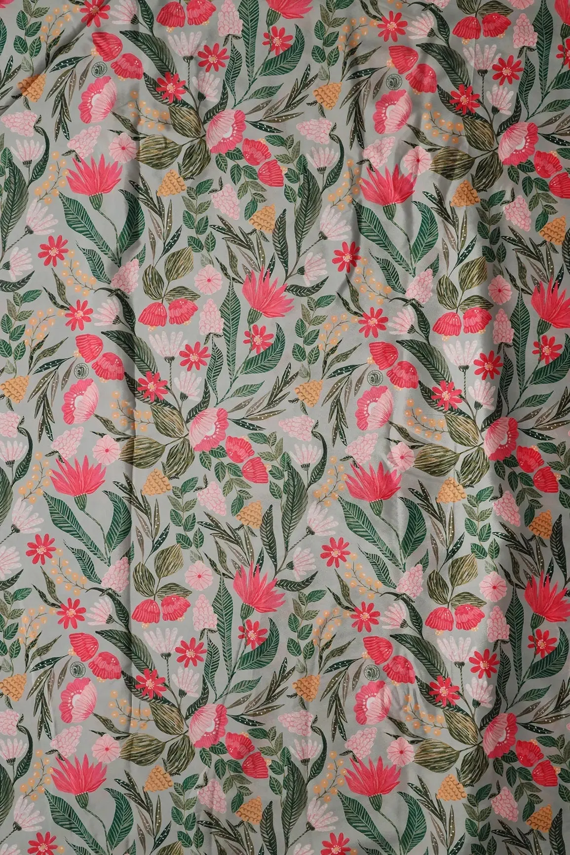 Light Grey And Pink Floral Pattern Digital Print On French Crepe Fabric