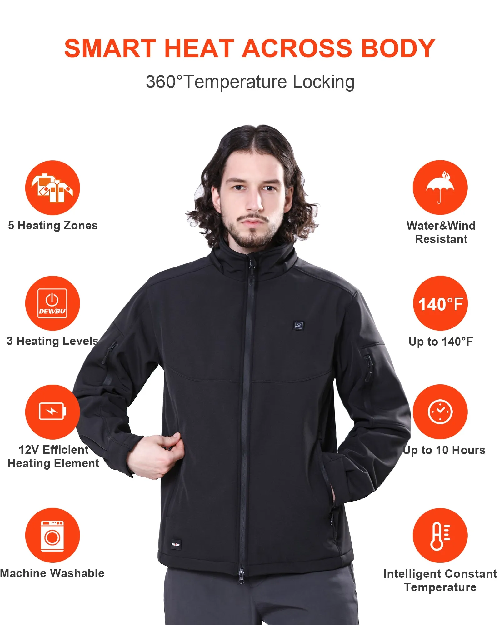 Men's Heated Jacket Detachable Hood With 12V Battery Pack - Black