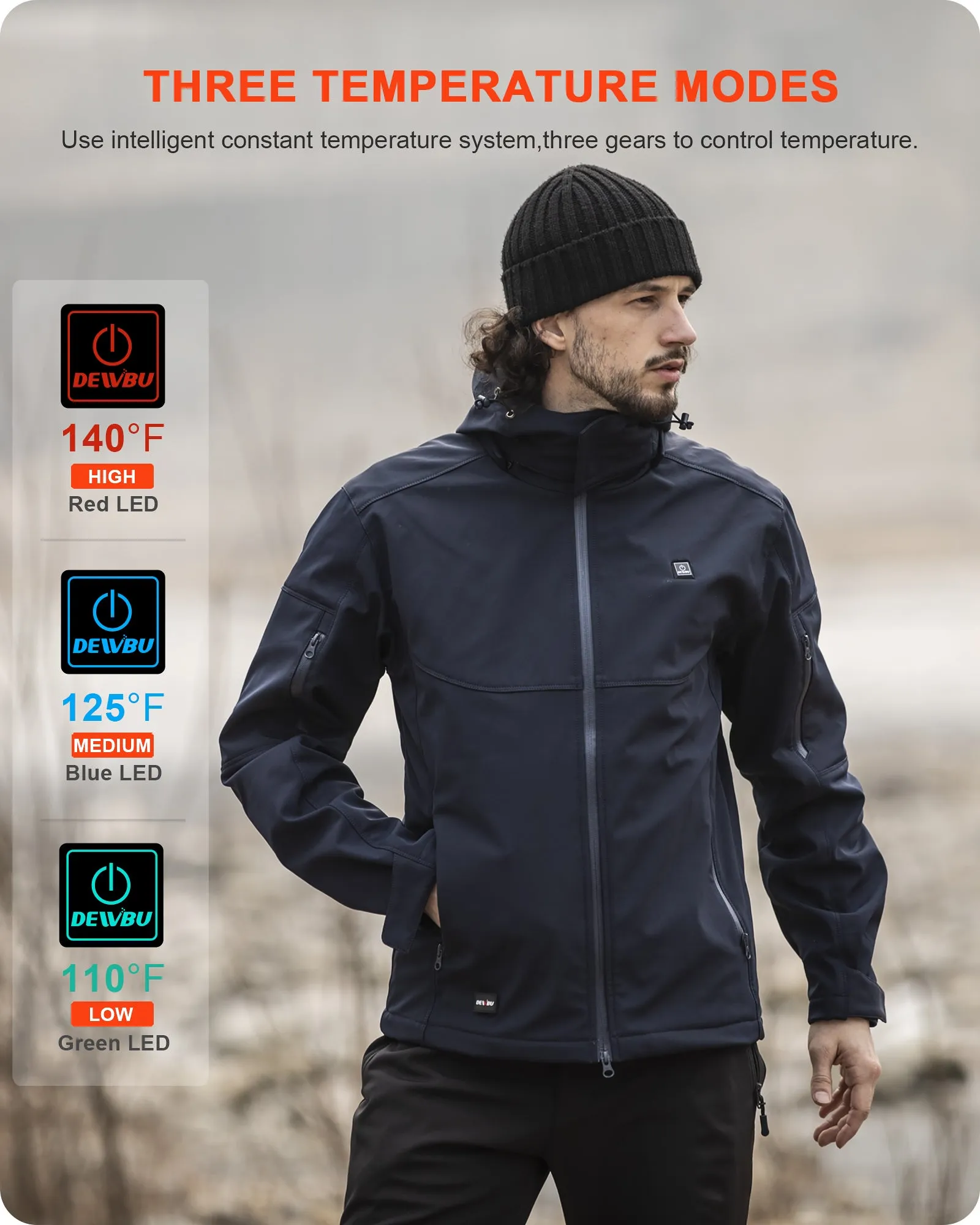 Men's Heated Jacket Detachable Hood With 12V Battery Pack - Dark Blue