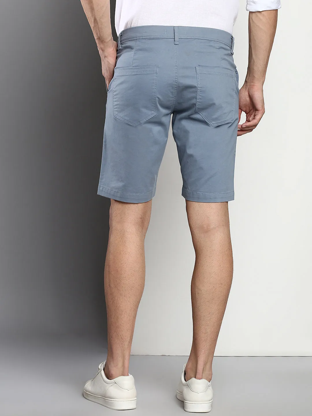 Men's Steel Blue Slim Fit Mid Rise Casual Cotton Shorts